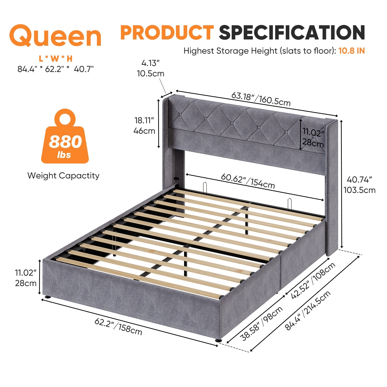 Velvet Gas-Lift Storage Bed Frame