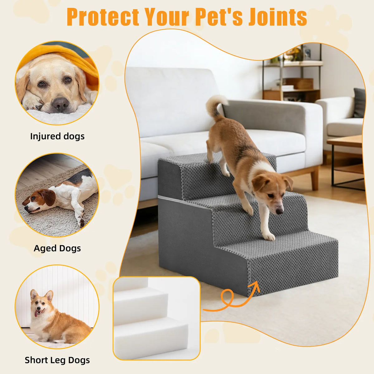 Pet Stairs for Dogs & Cats – Foam Dog Steps with Anti-Slip Base & Washable Cover, 3/4/5 Steps
