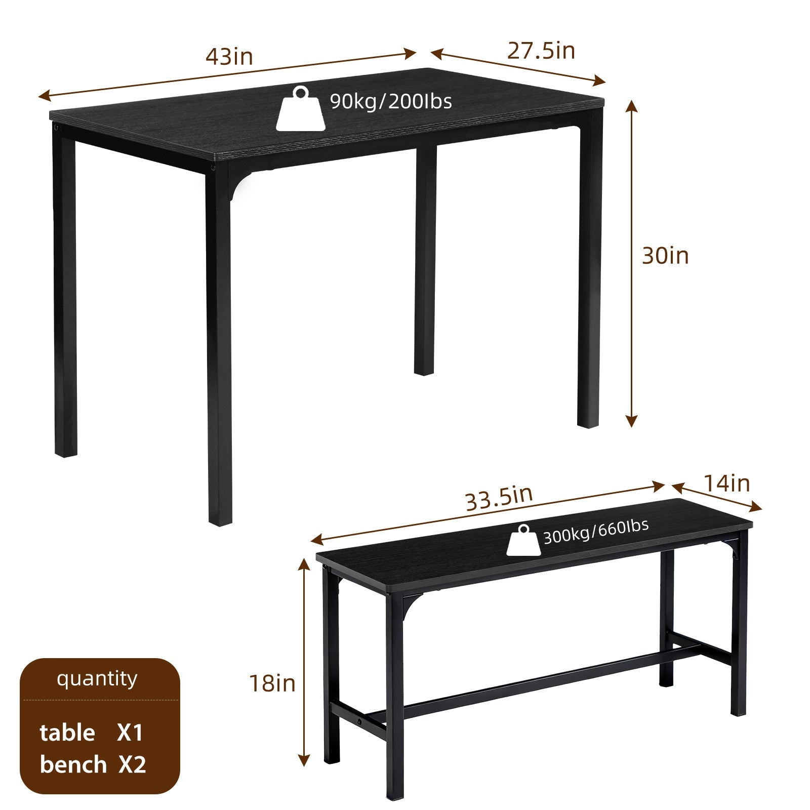 3/4-Piece Black Gray Dining Table Set