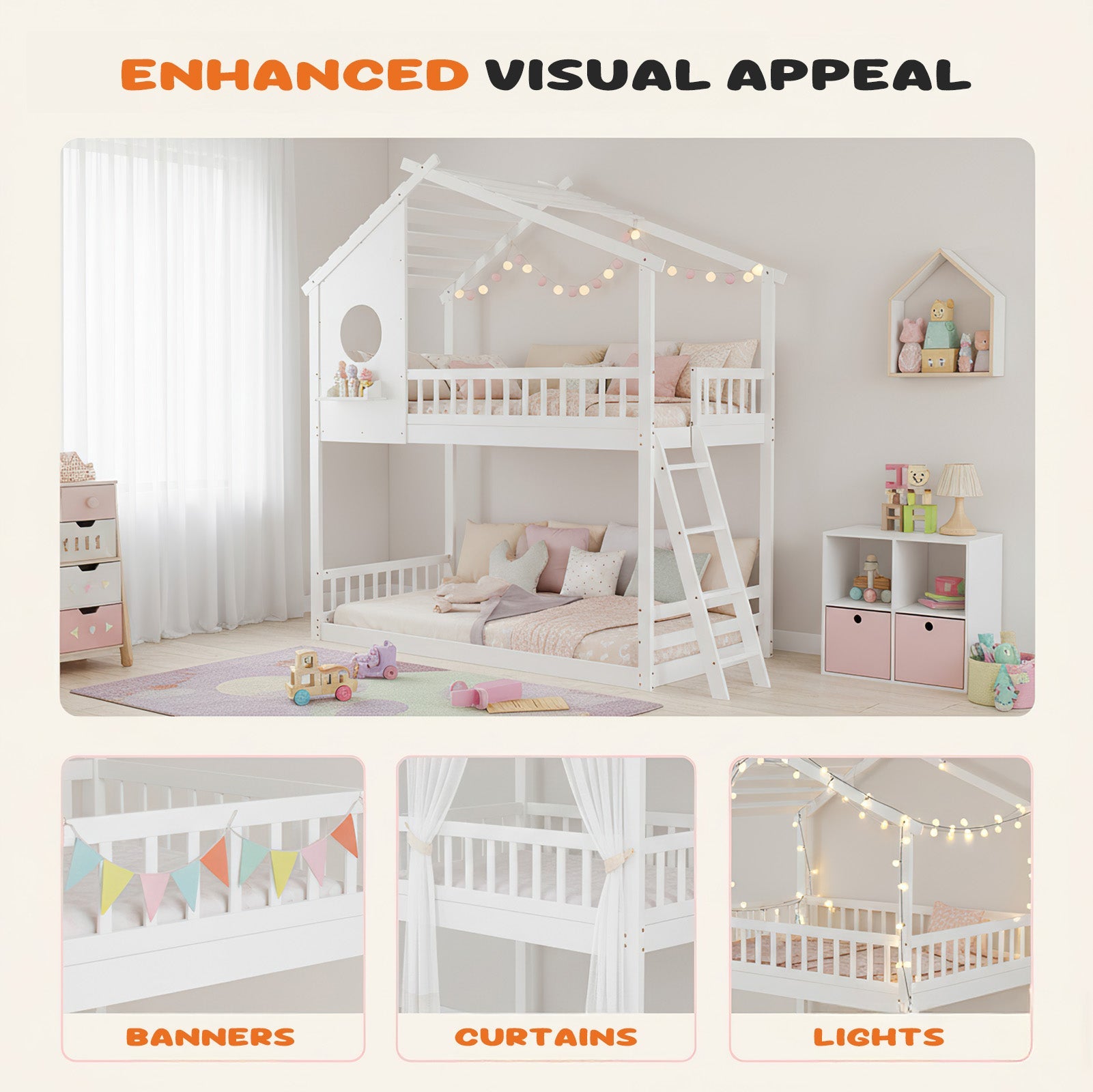 Low-Profile Twin House Bunk Bed with Side Ladder
