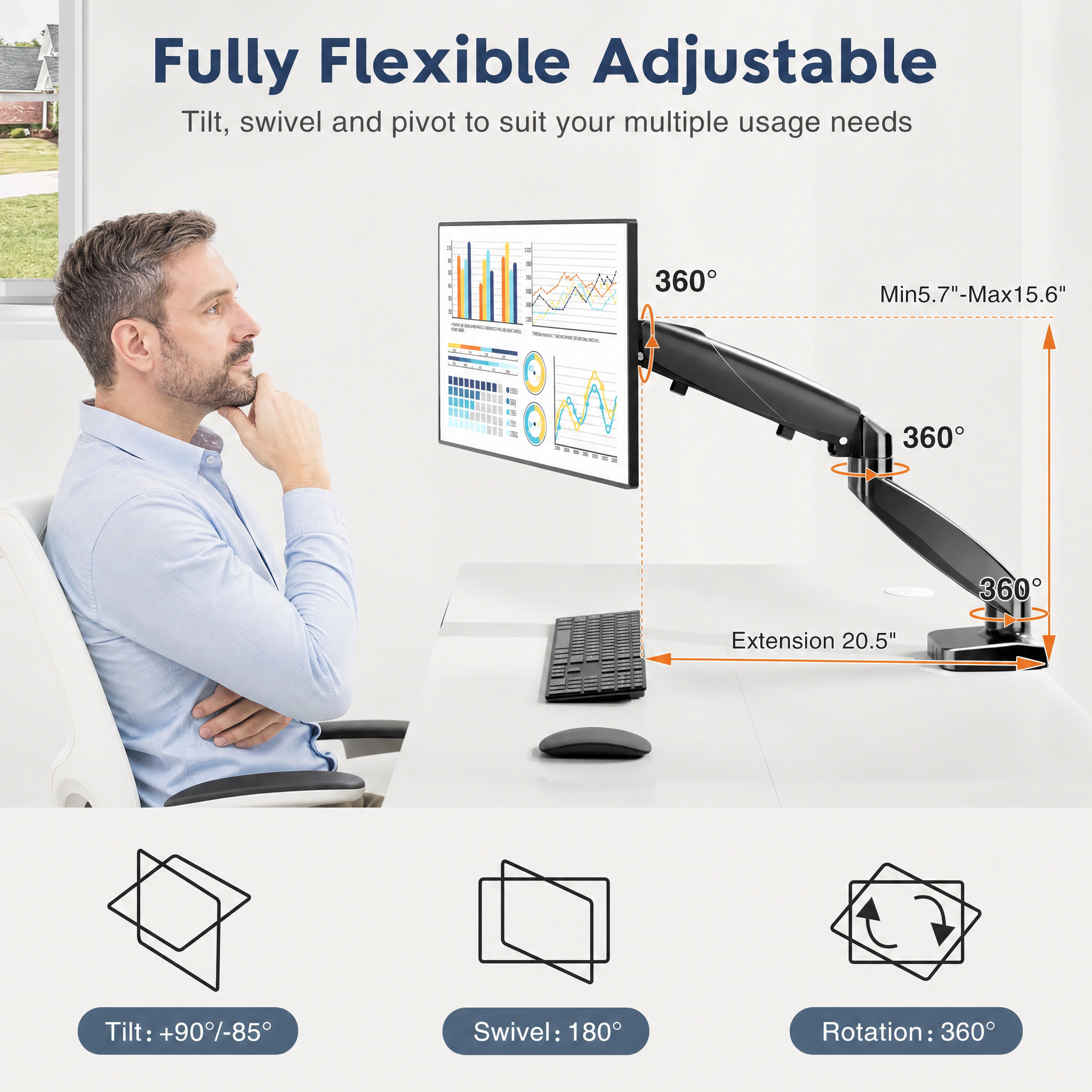 Adjustable Gas Spring Single Monitor Arm for 15–32 Inch Screens, Clamp & Grommet Mount
