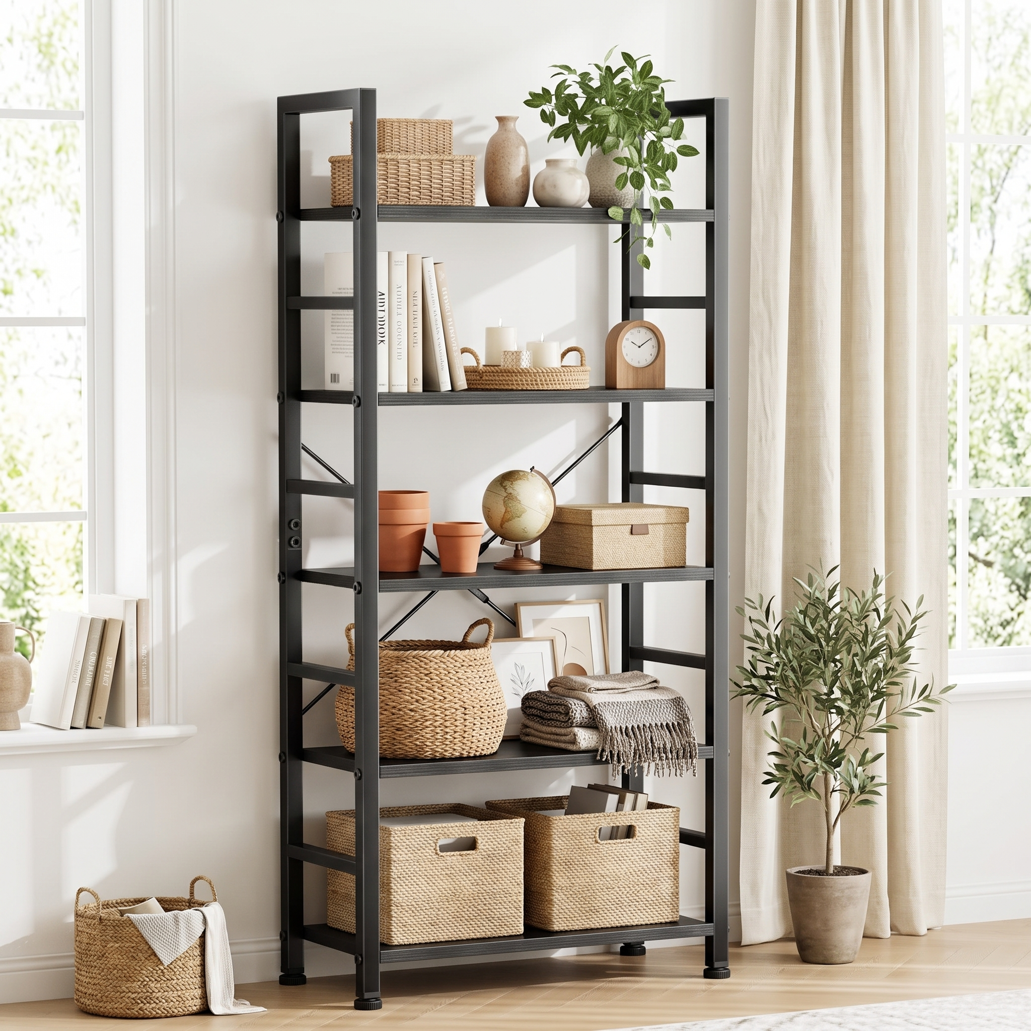 5-Tier Black Metal Bookcase
