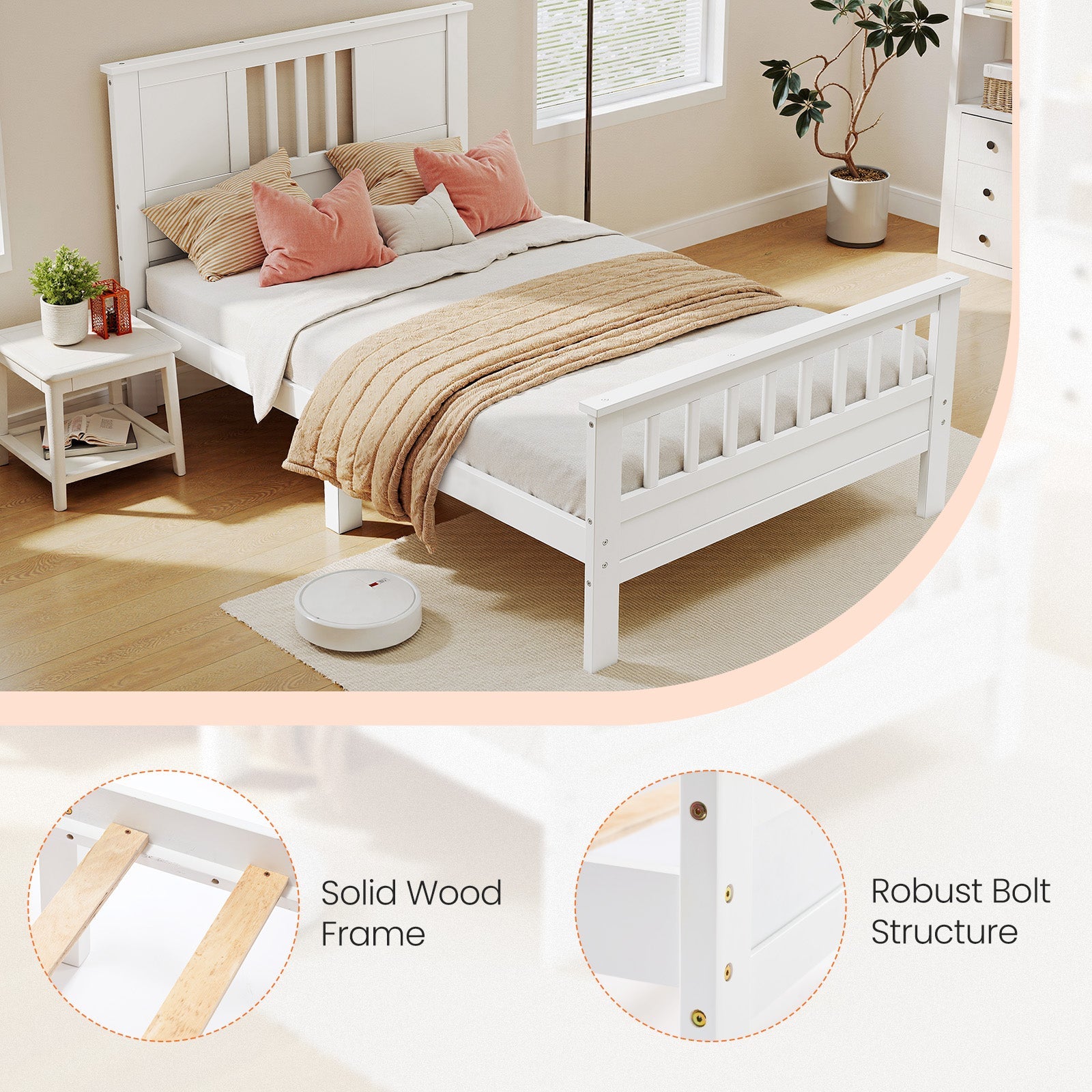 Classic White Solid Wood Twin Bed Frame