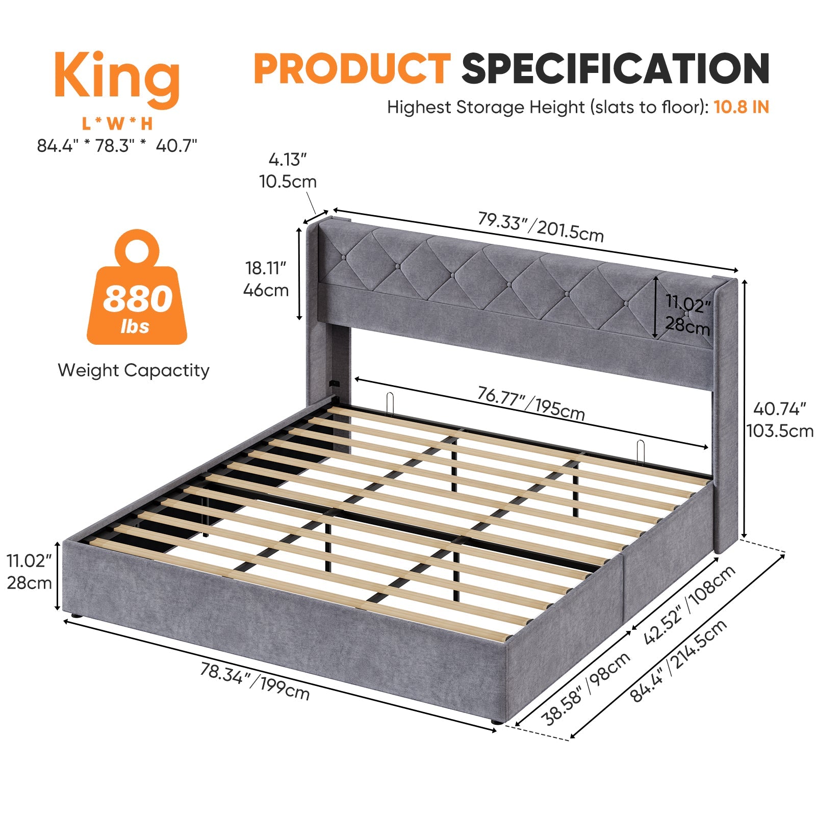 Velvet Gas-Lift Storage Bed Frame