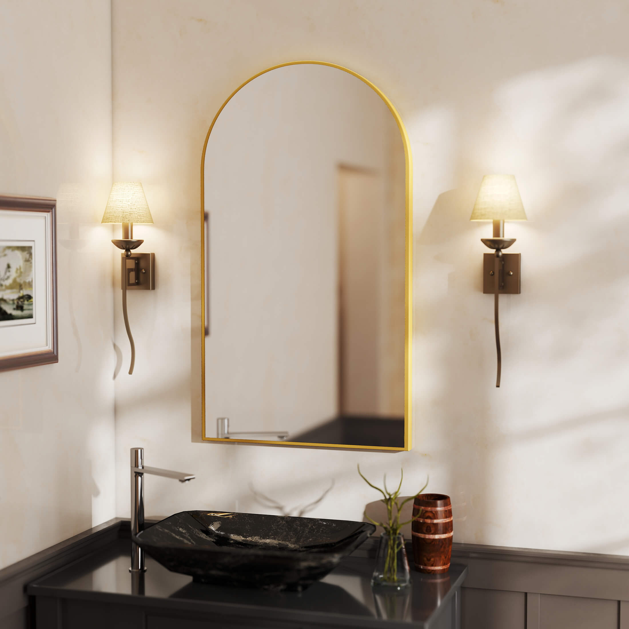 Bathroom interior with a mirror, sink, and wall lights.