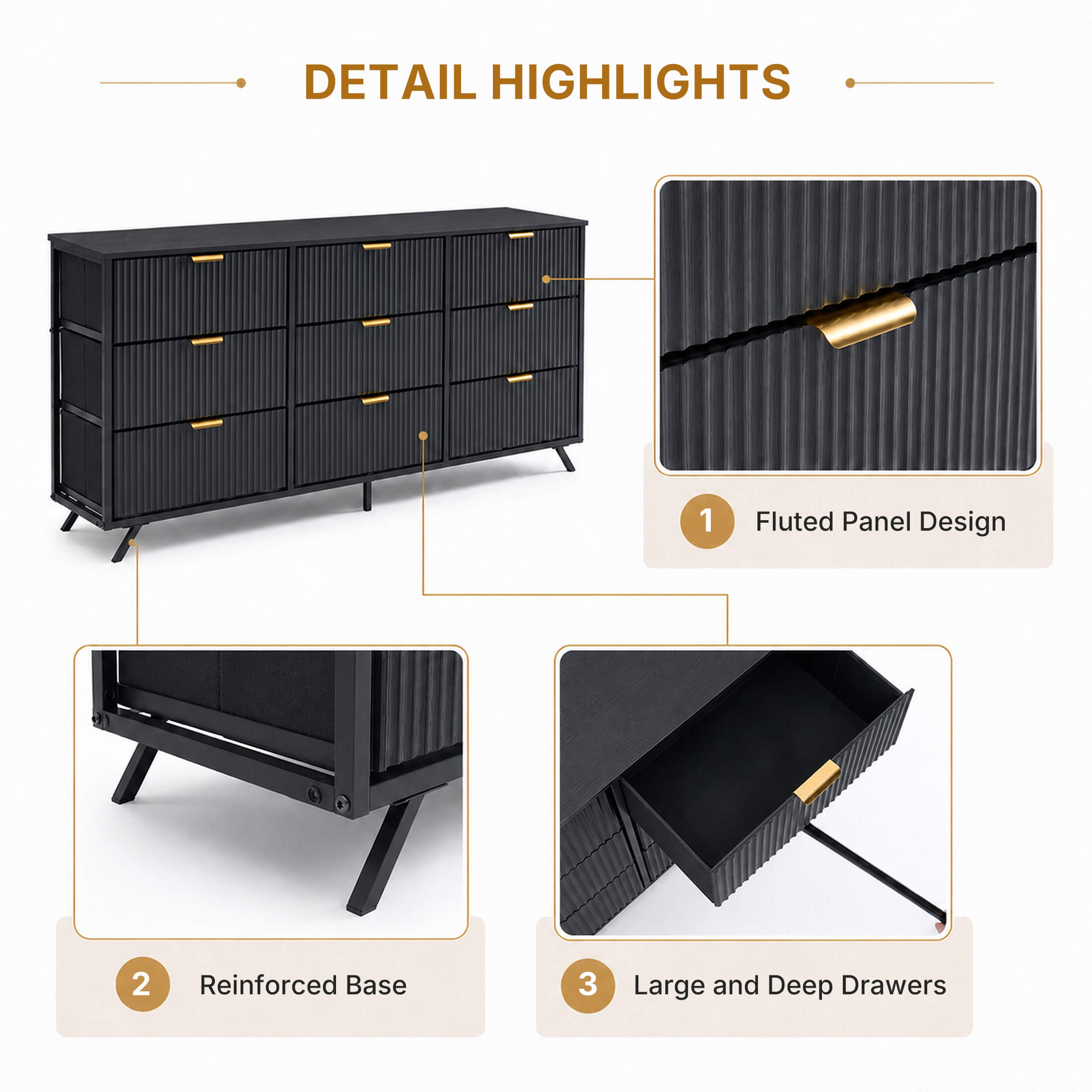 Warebay 9-Drawer Fluted Dresser for Bedroom, Wide Storage Chest of Drawers