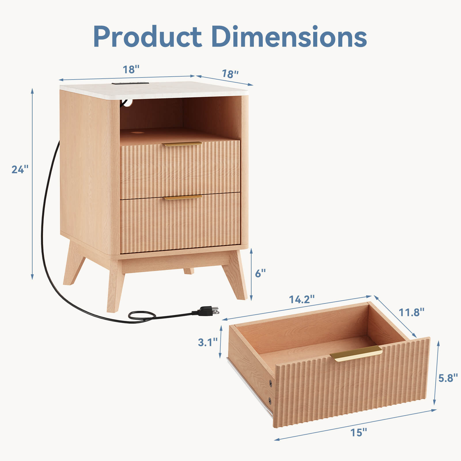 Fluted Nightstand with Charging Station, 2 AC Outlets & USB Ports, Mid-Century Bedside Table with 2 Drawers