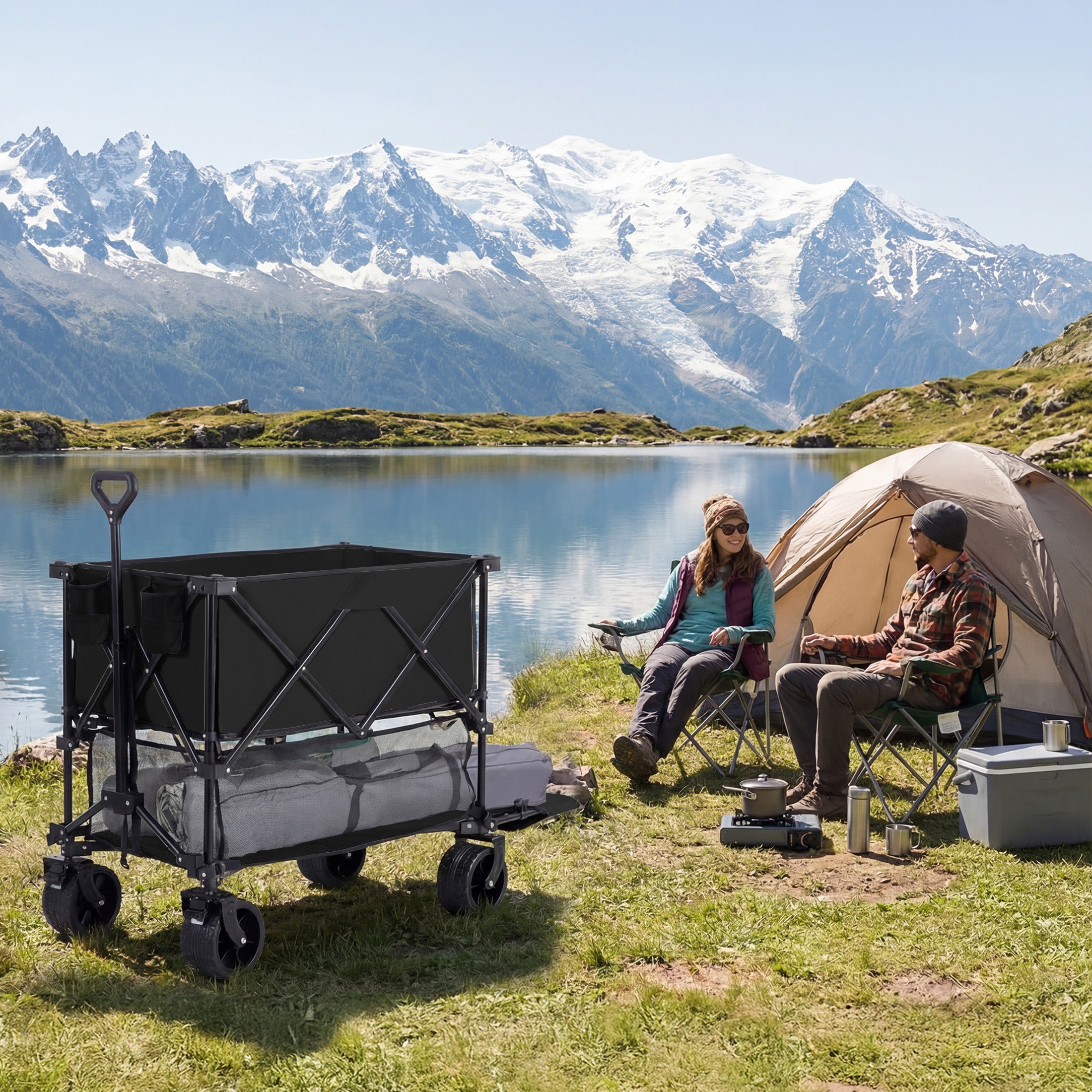 WareBay Double Decker Collapsible Wagon Cart – 440 lbs Capacity, 400L Storage & All-Terrain Wheels, Black