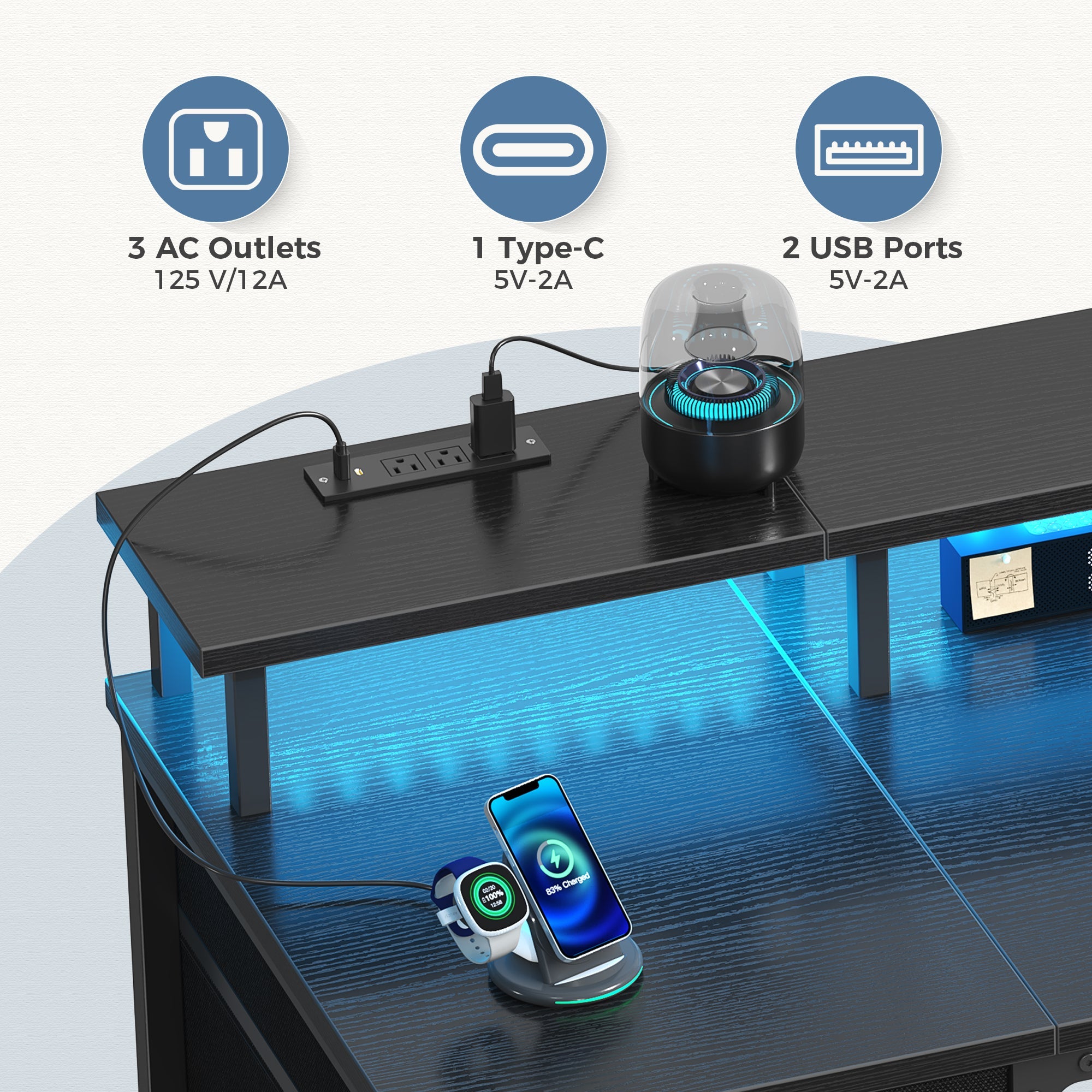 LED Computer Desk with Drawers and Charging