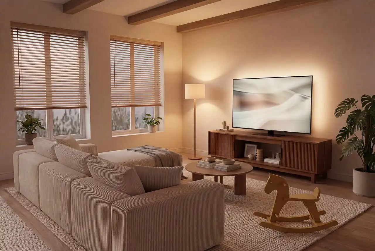 Modern living room with beige sofa, wooden rocking horse, and TV.