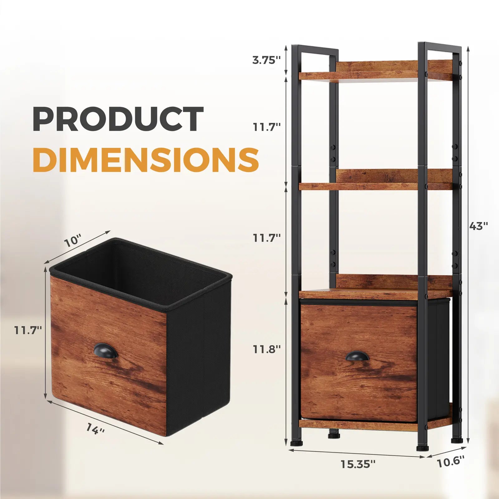 4 & 5-Tier Bookshelf with Fabric Drawer | Wood & Metal Bookcase for Living Room, Study & Office
