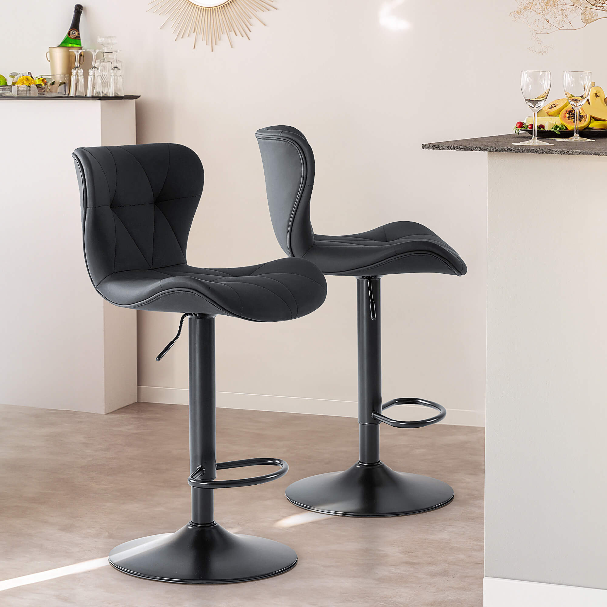 Faux Leather Diamond-Quilted Bar Stools Set of 2