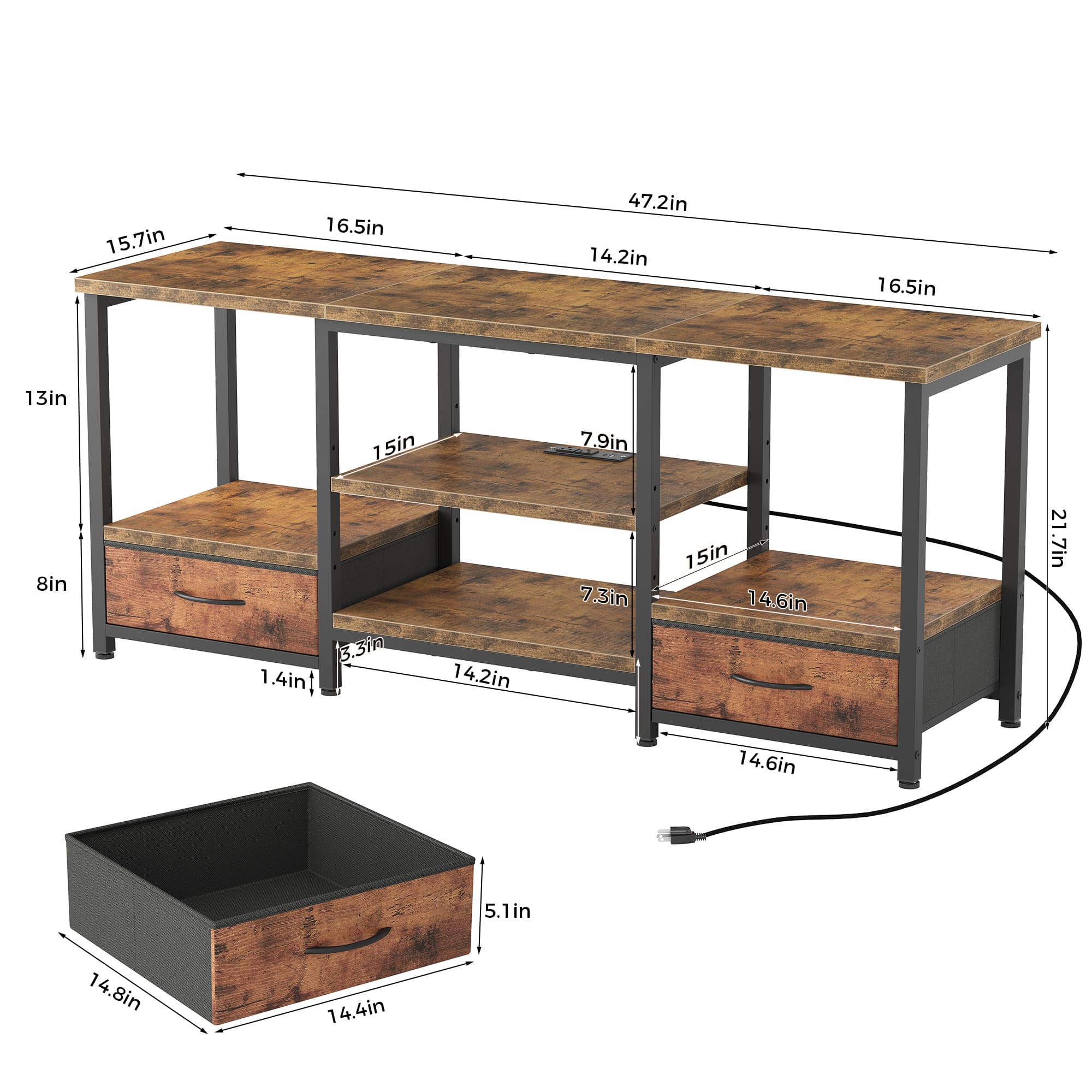 Brown Wood TV Stand with Fabric Drawers