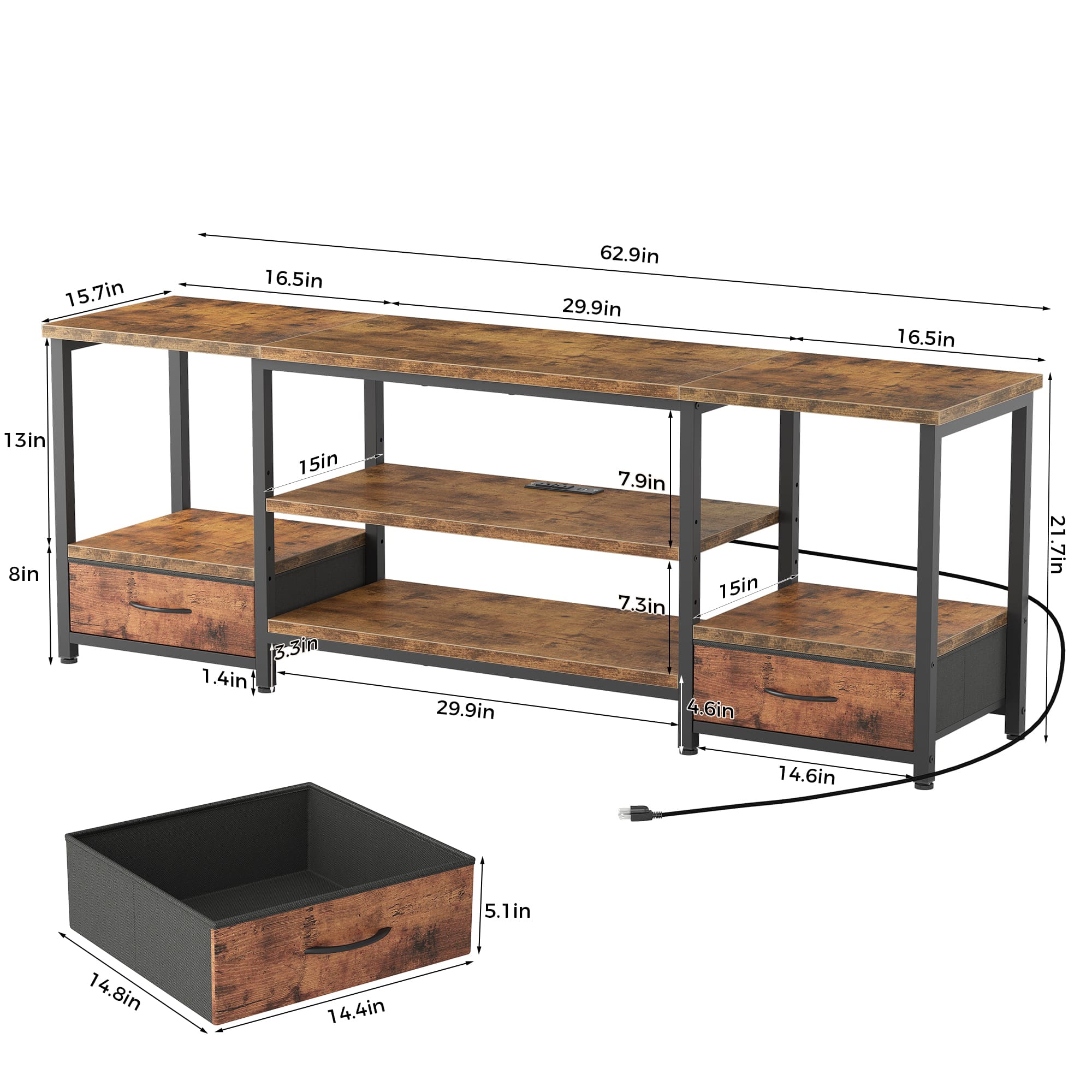 Brown Wood TV Stand with Fabric Drawers