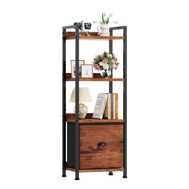 4 & 5-Tier Bookshelf with Fabric Drawer | Wood & Metal Bookcase for Living Room, Study & Office