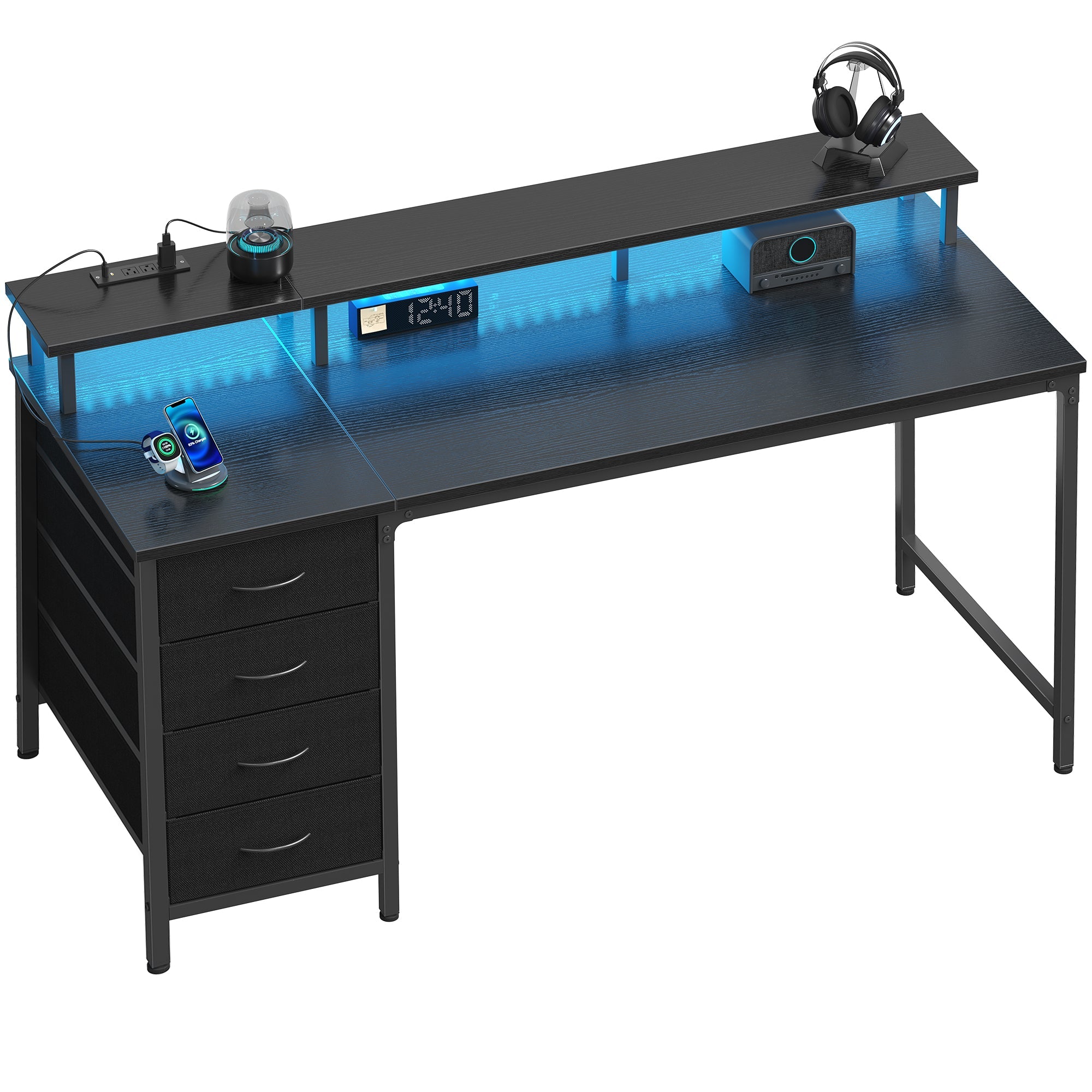 LED Computer Desk with Drawers and Charging