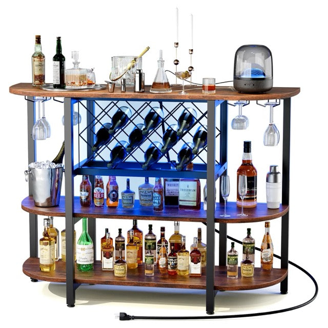 LED Bar Cabinet with Sliding Metal Doors – Home Wine Storage Cart