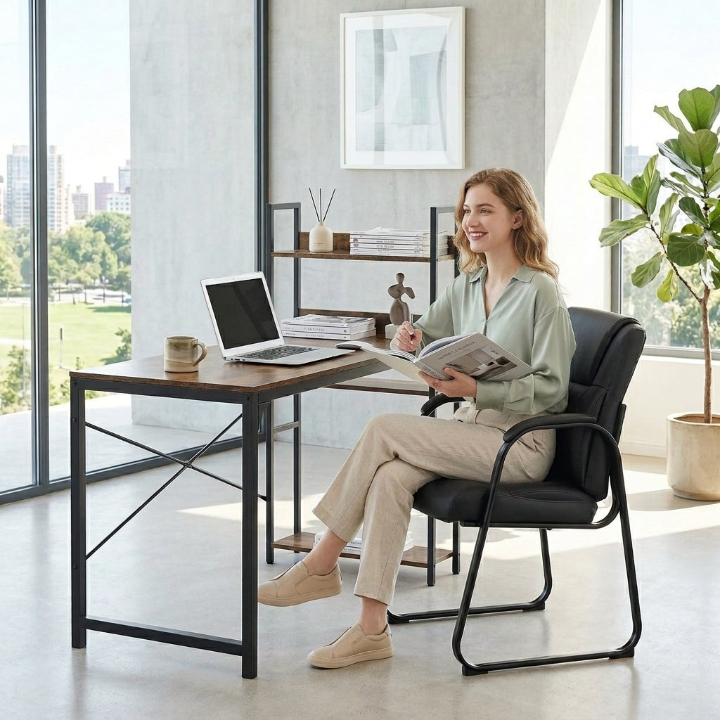 Leather Reception Chair with Padded Arms | PU Office Guest Chair, 250 lbs Capacity