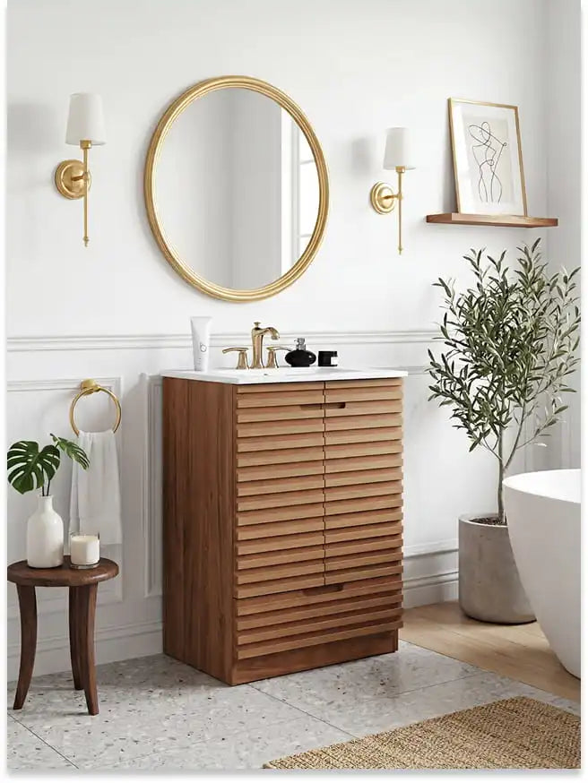 Bathroom with wooden vanity, round mirror, and decorative elements.