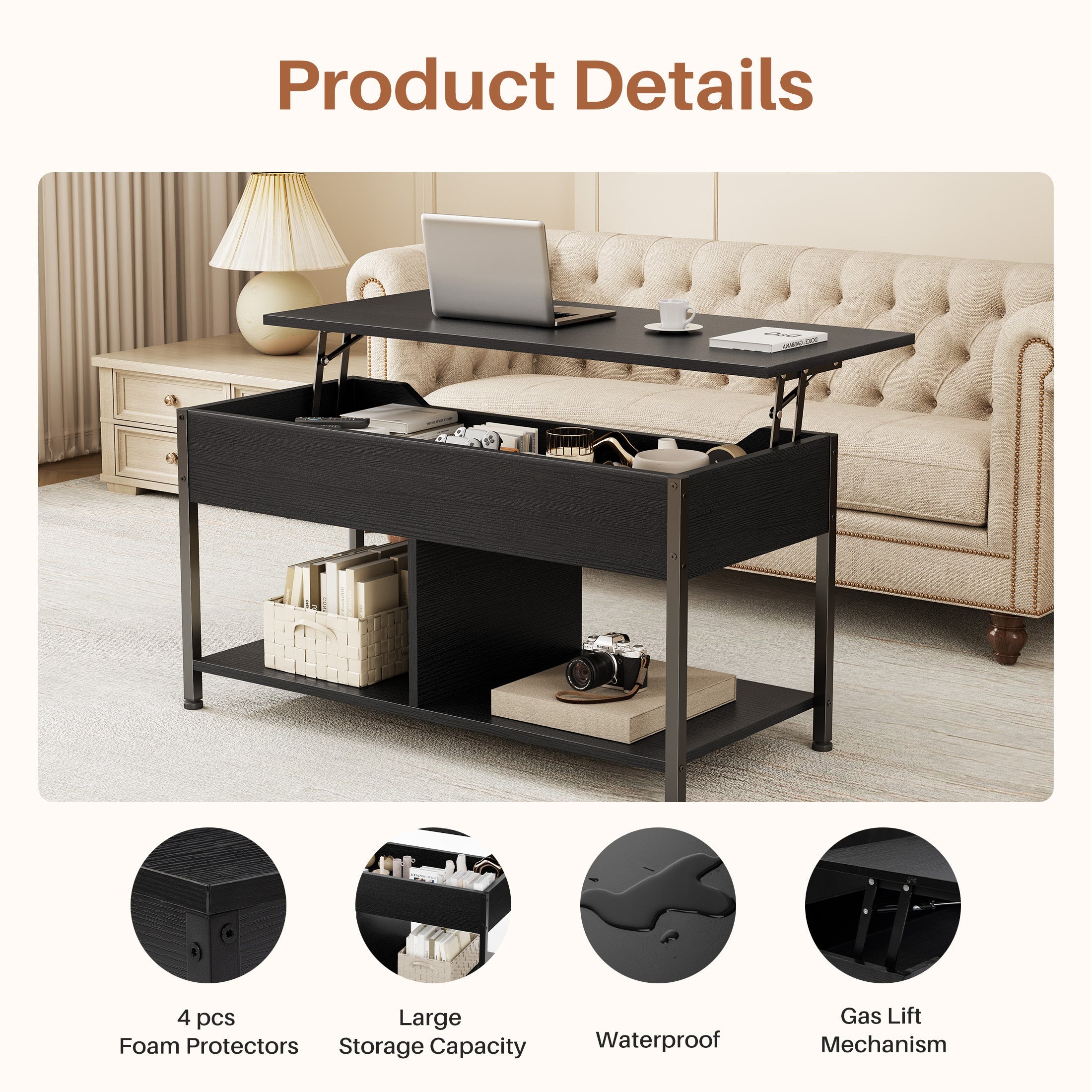 Adjustable Lift-Top Coffee Table with Storage