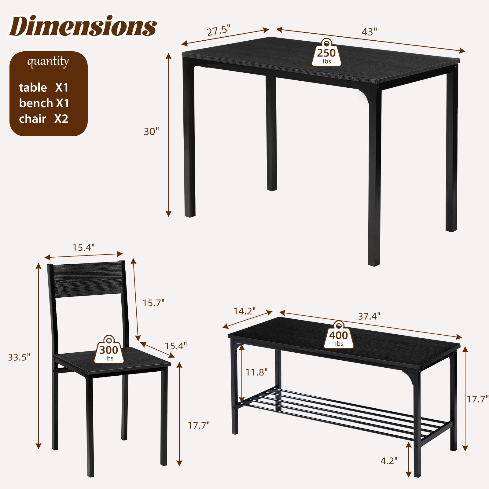 3/4-Piece Black Gray Dining Table Set