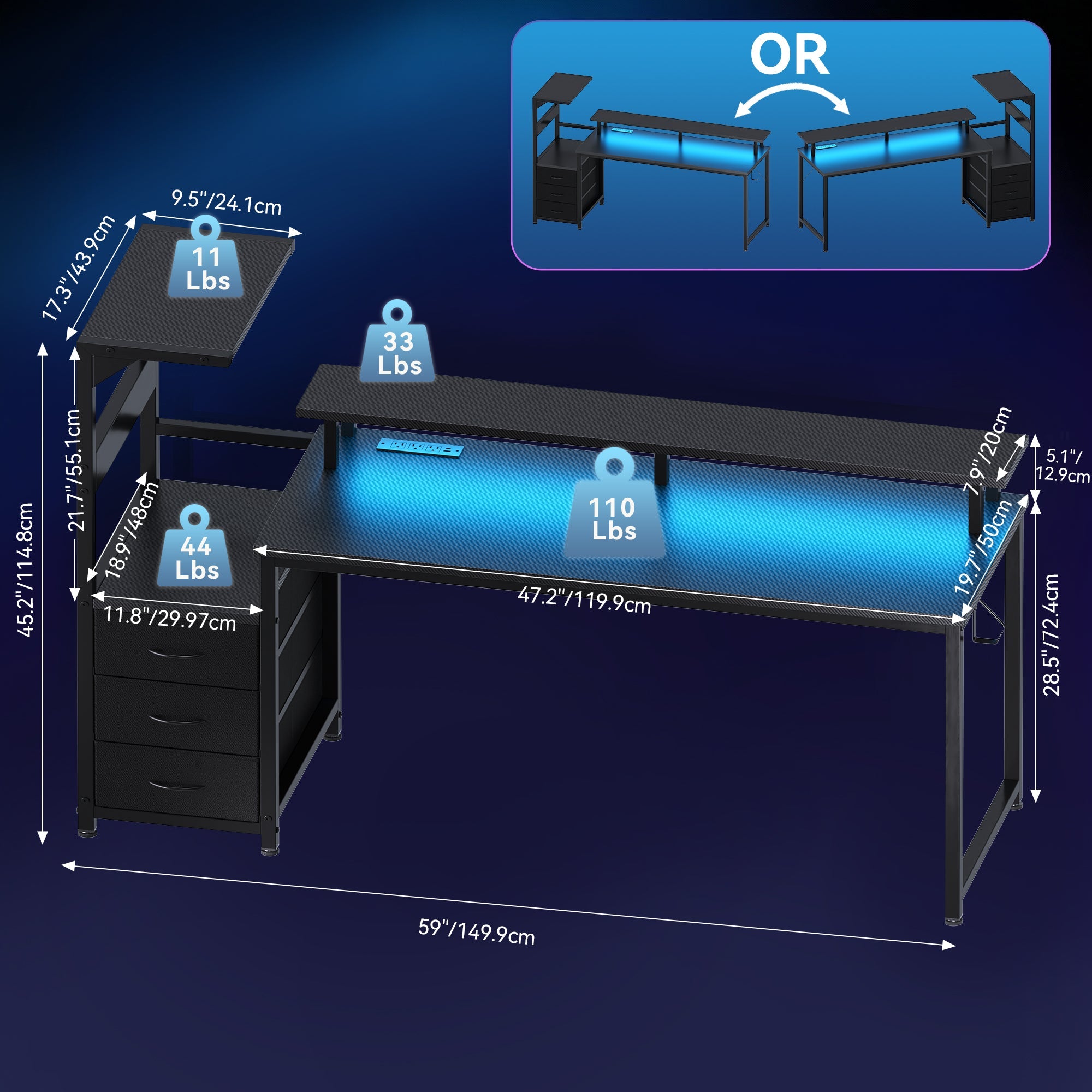LED Computer Desk with Monitor Stand & Drawers