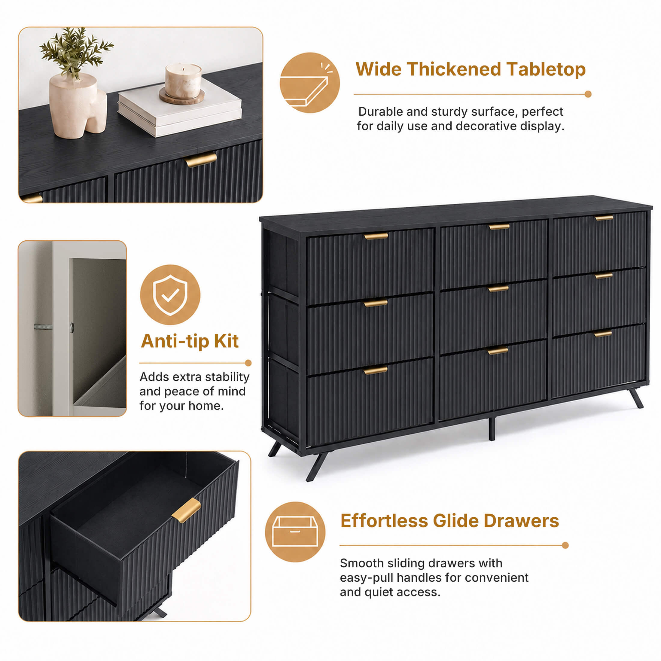 Warebay 9-Drawer Fluted Dresser for Bedroom, Wide Storage Chest of Drawers