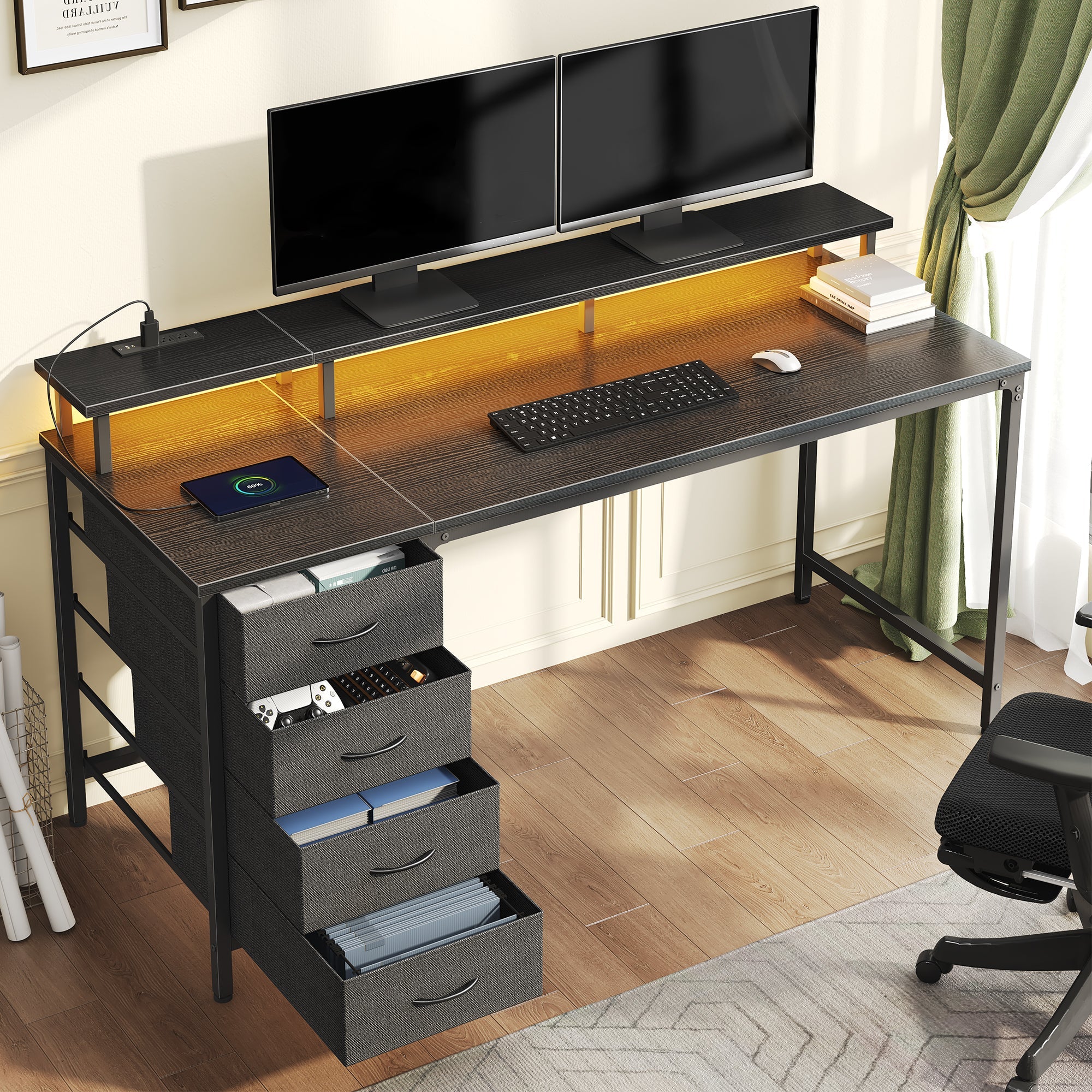 LED Computer Desk with Drawers and Charging