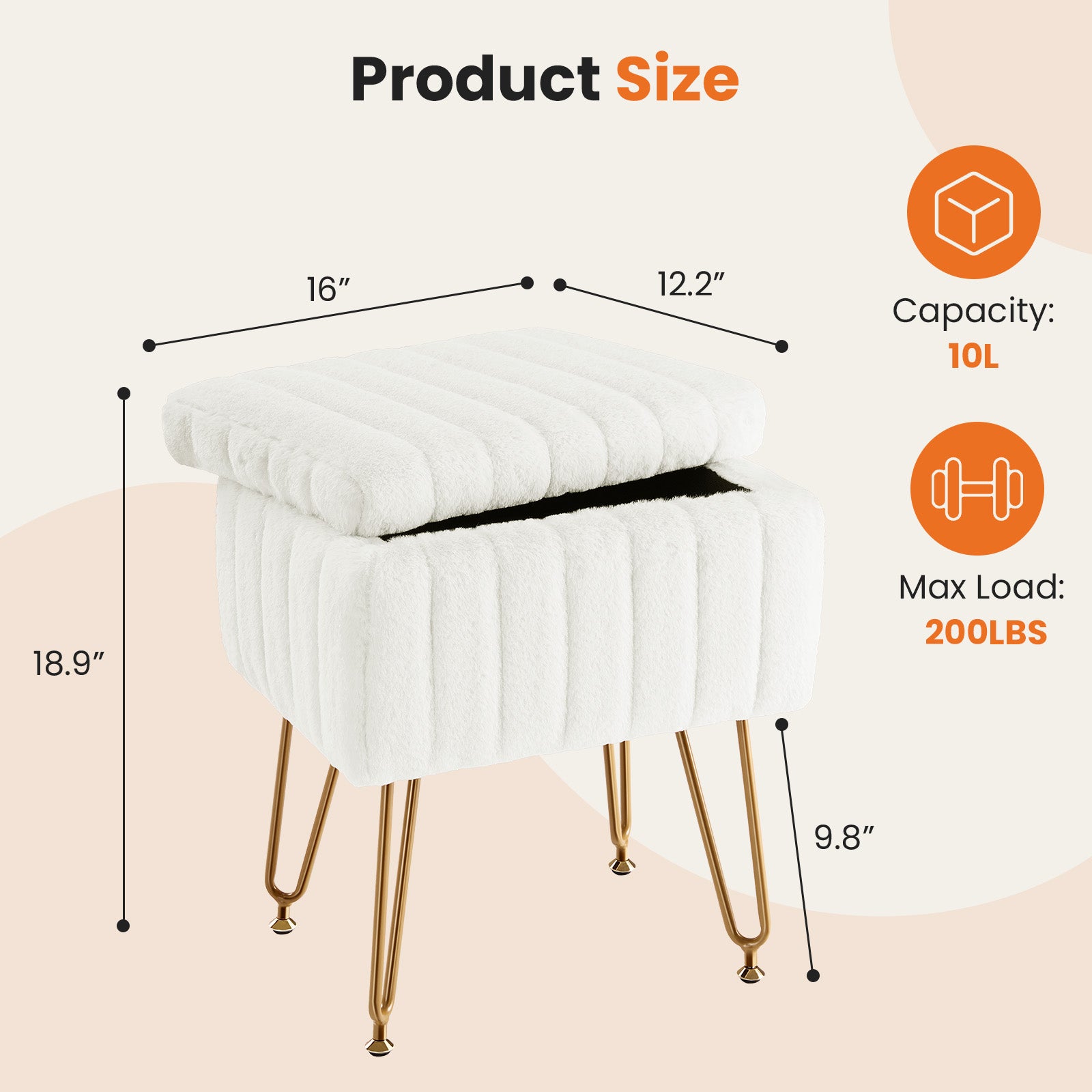 WareBay Vanity Stool with Hidden Storage & Faux Fur Cushion | Metal Legs