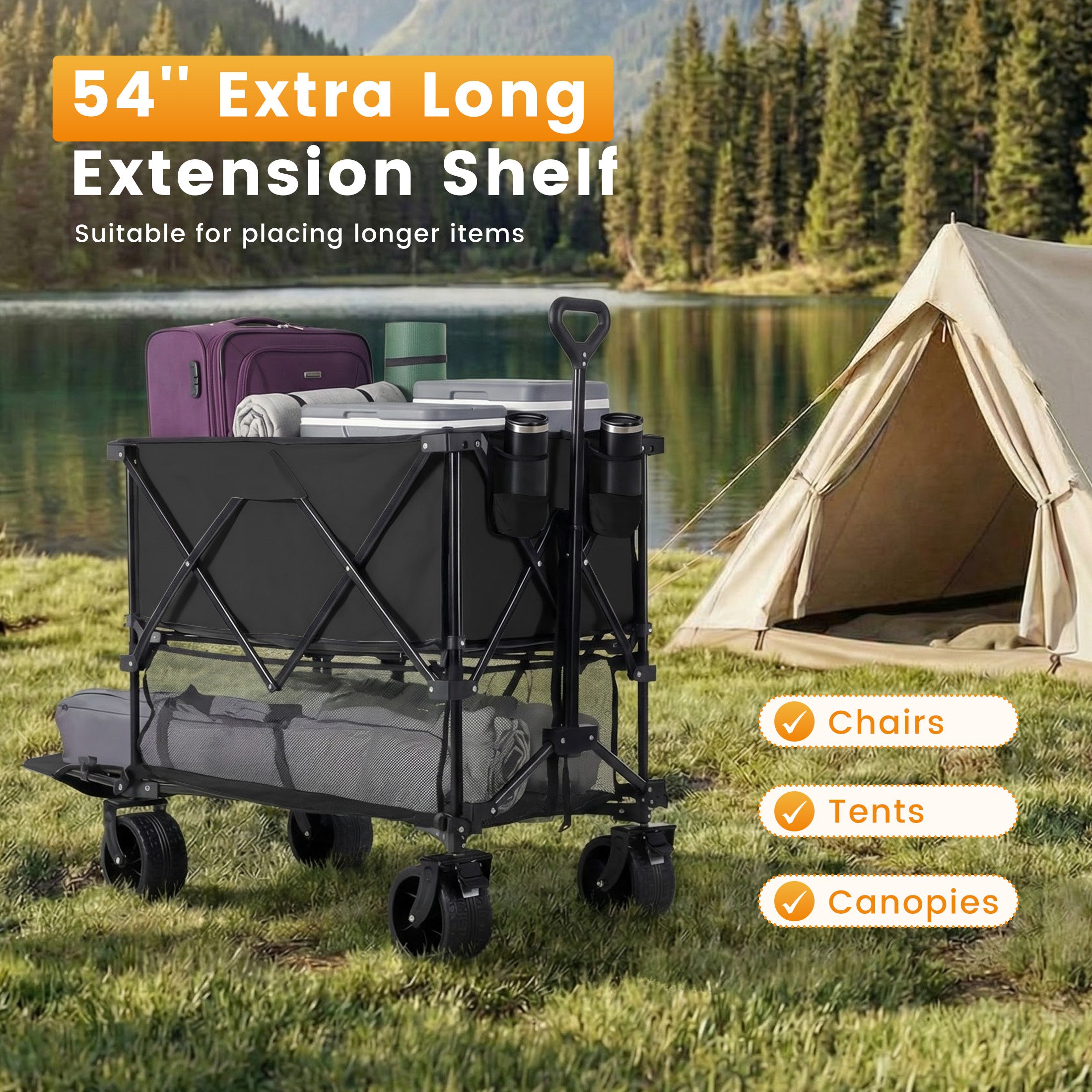 WareBay Double Decker Collapsible Wagon Cart – 440 lbs Capacity, 400L Storage & All-Terrain Wheels, Black