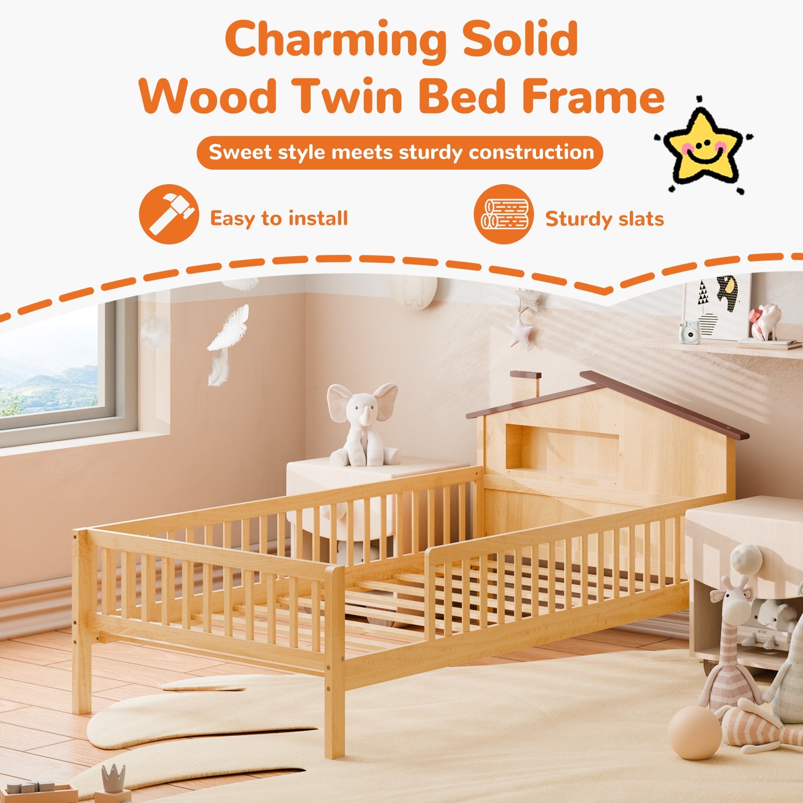 Solid Wood Twin House Bed Frame