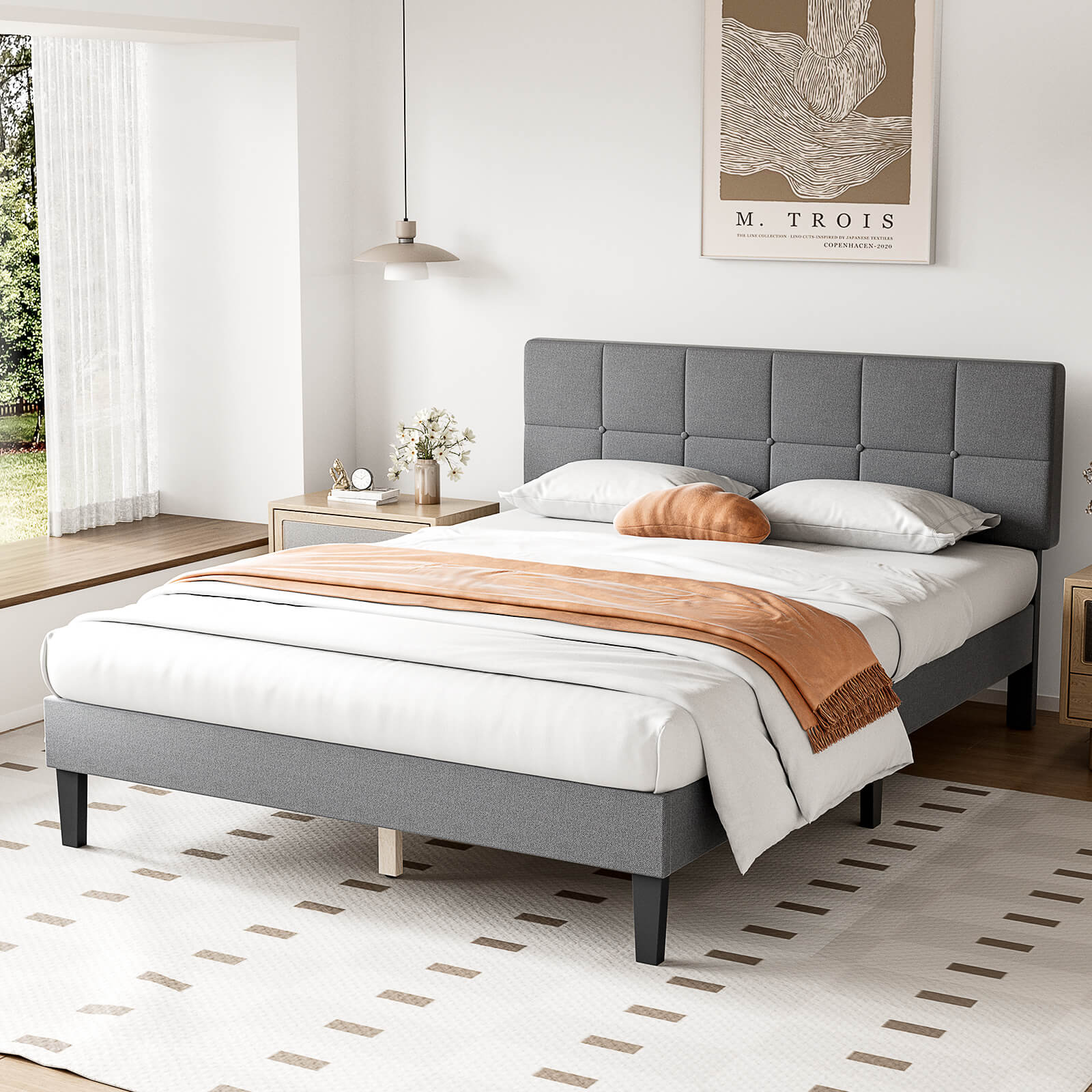 Upholstered Linen Bed Frame with Headboard
