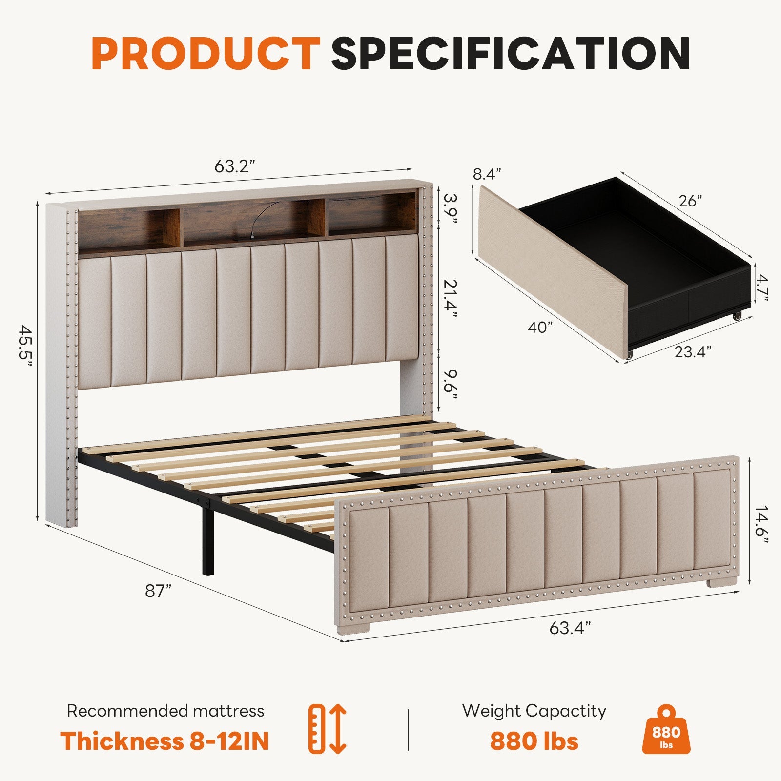 Upholstered Storage Bed Frame with Power Outlets