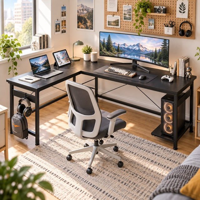 L-Shaped Computer Desk with CPU Stand