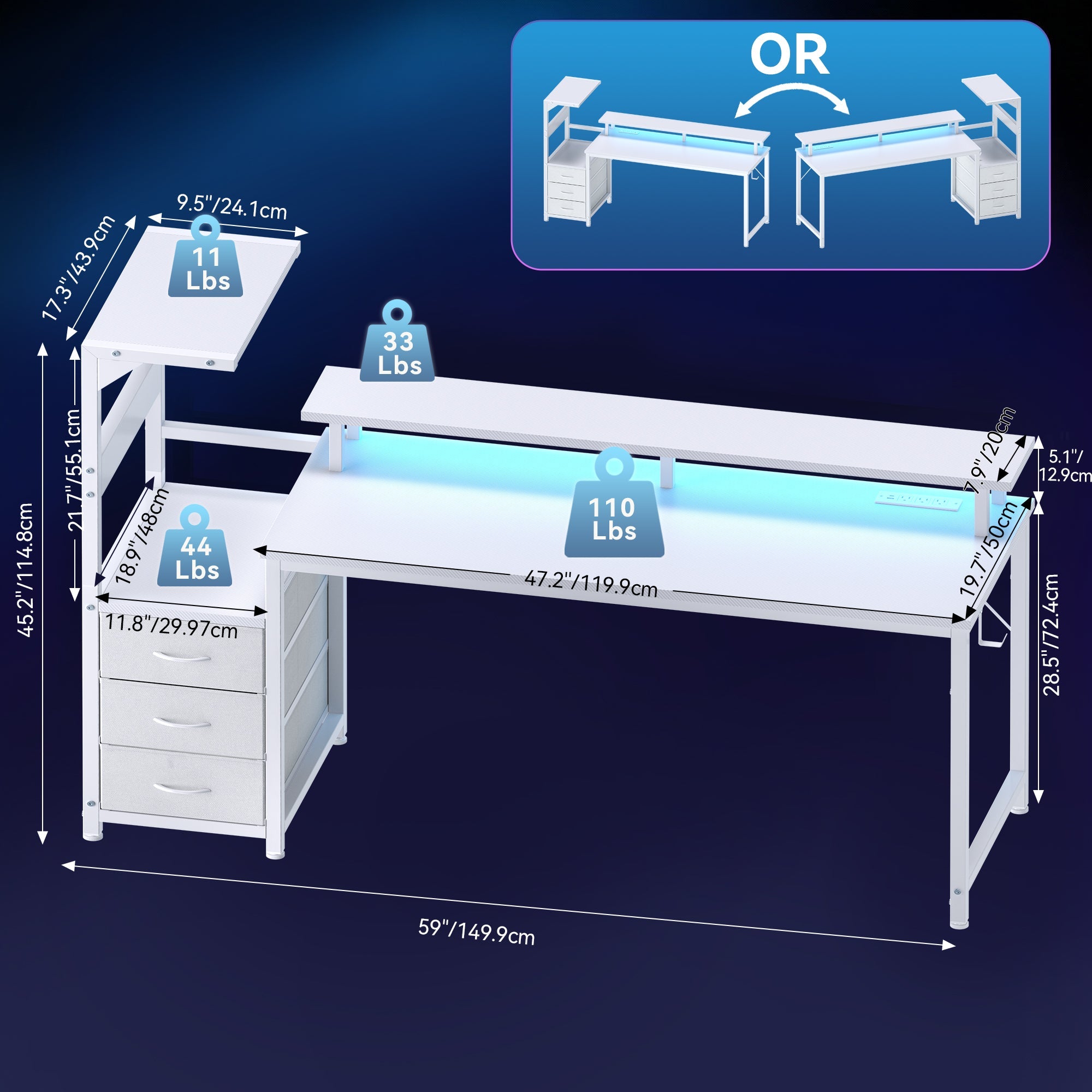 LED Computer Desk with Monitor Stand & Drawers