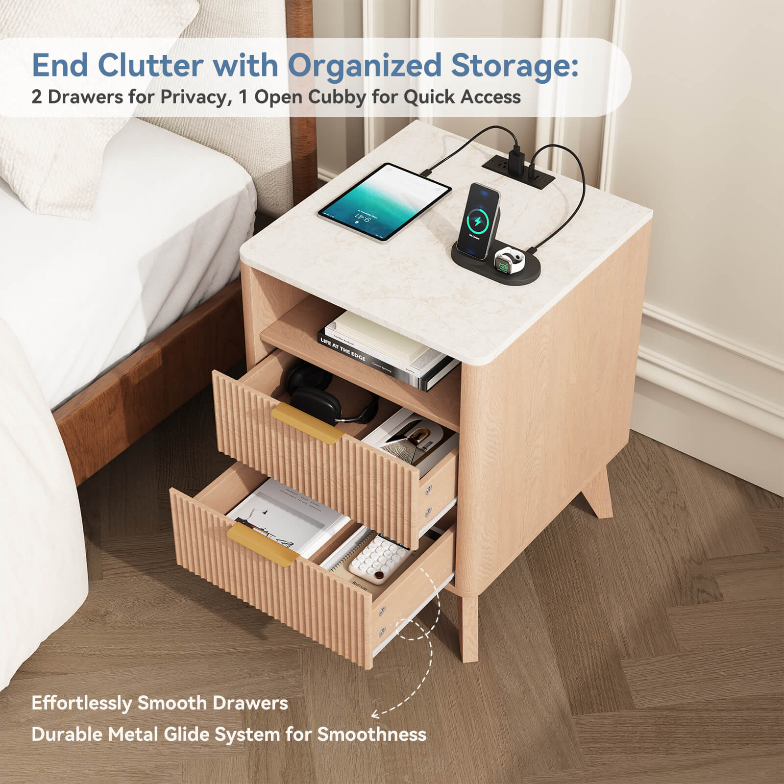 Fluted Nightstand with Charging Station, 2 AC Outlets & USB Ports, Mid-Century Bedside Table with 2 Drawers