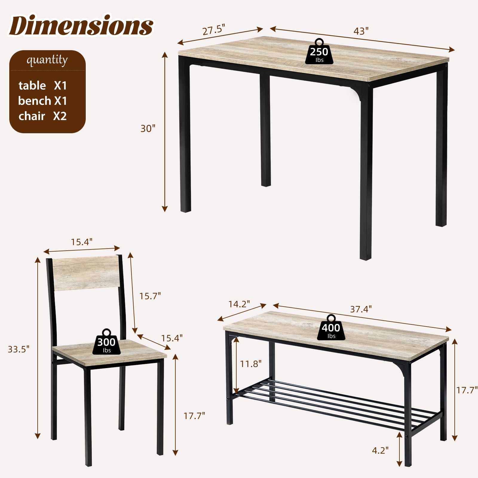 3/4-Piece Black Gray Dining Table Set