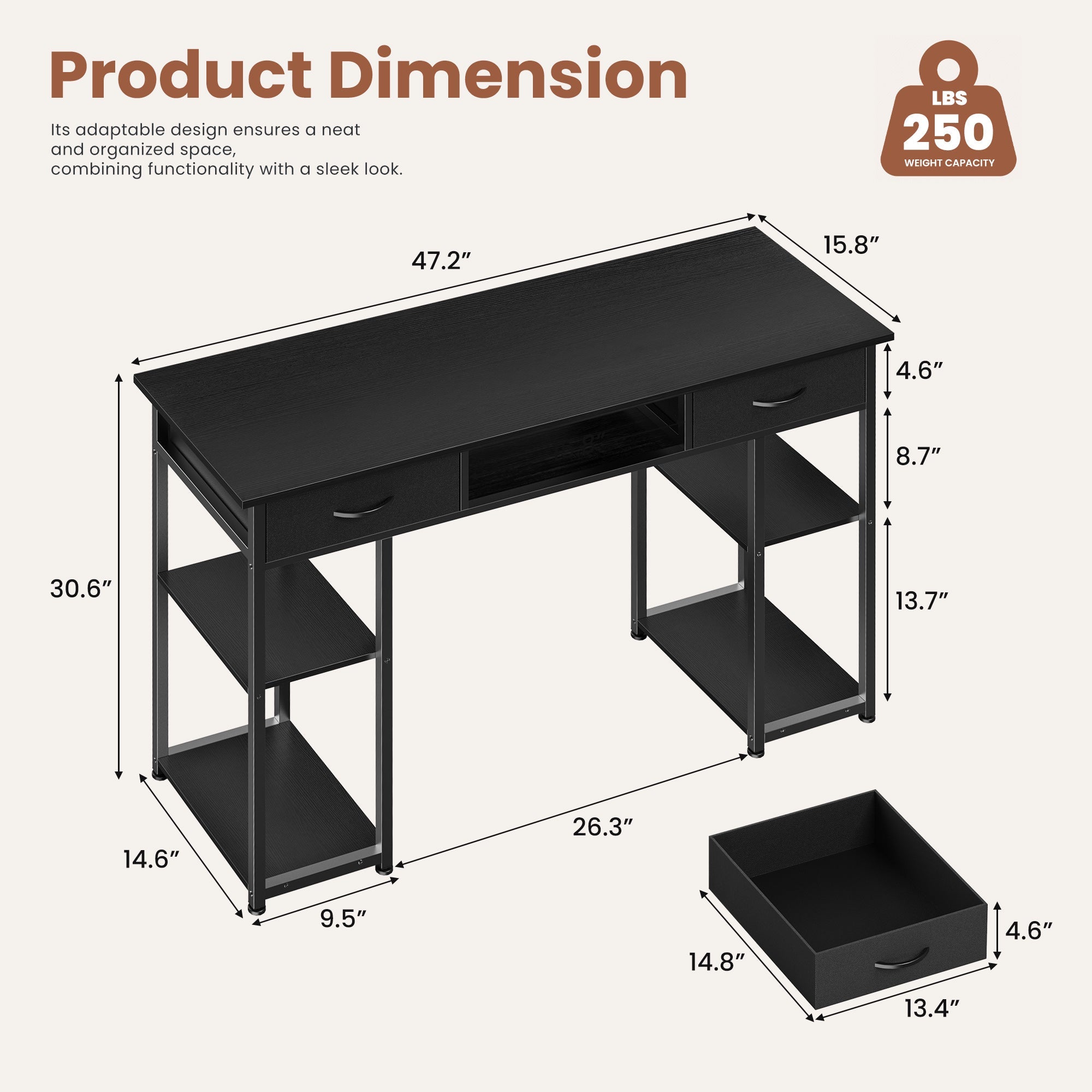 48-Inch Home Office Desk 3 Drawers