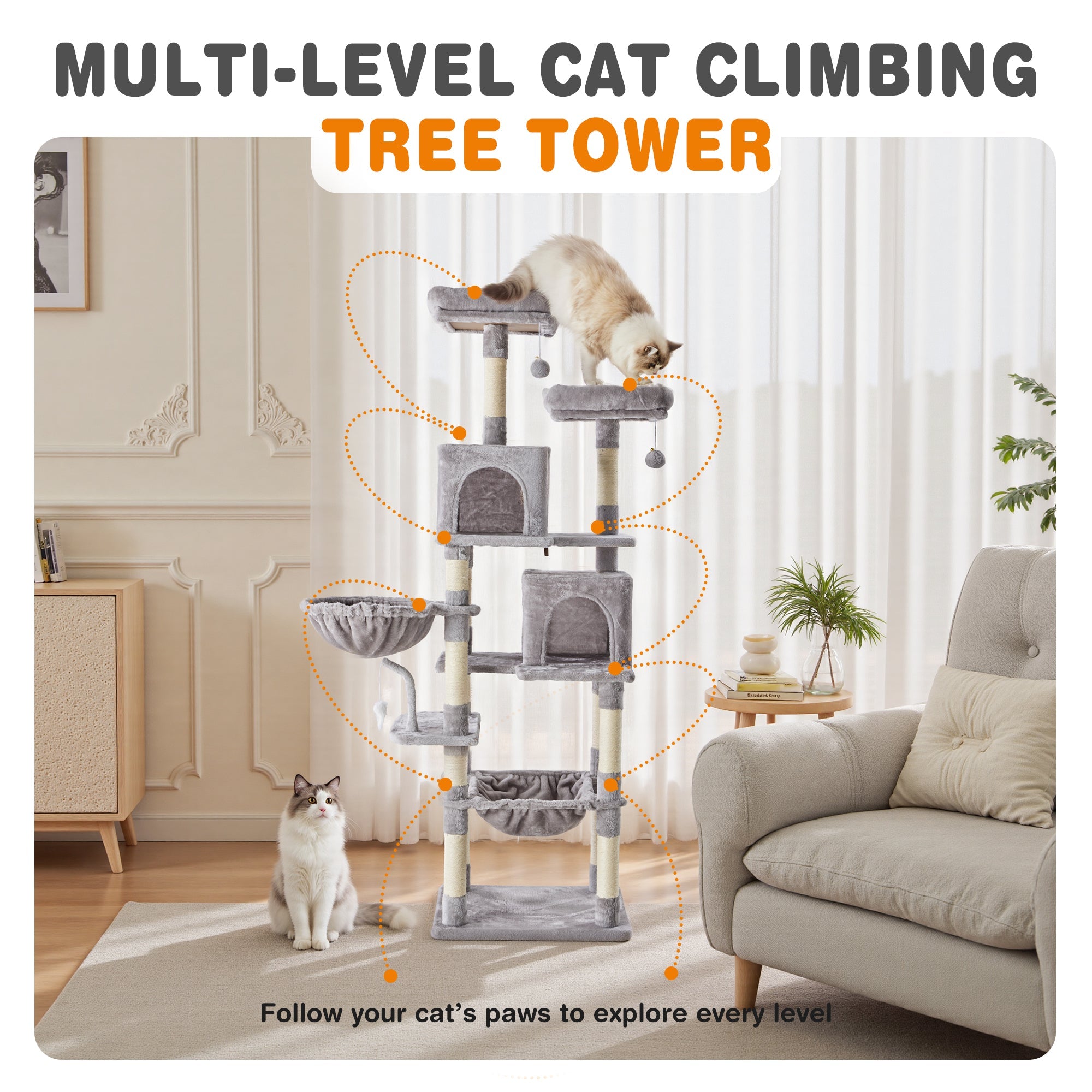 71" Seven-Level Dark Gray Cat Tree