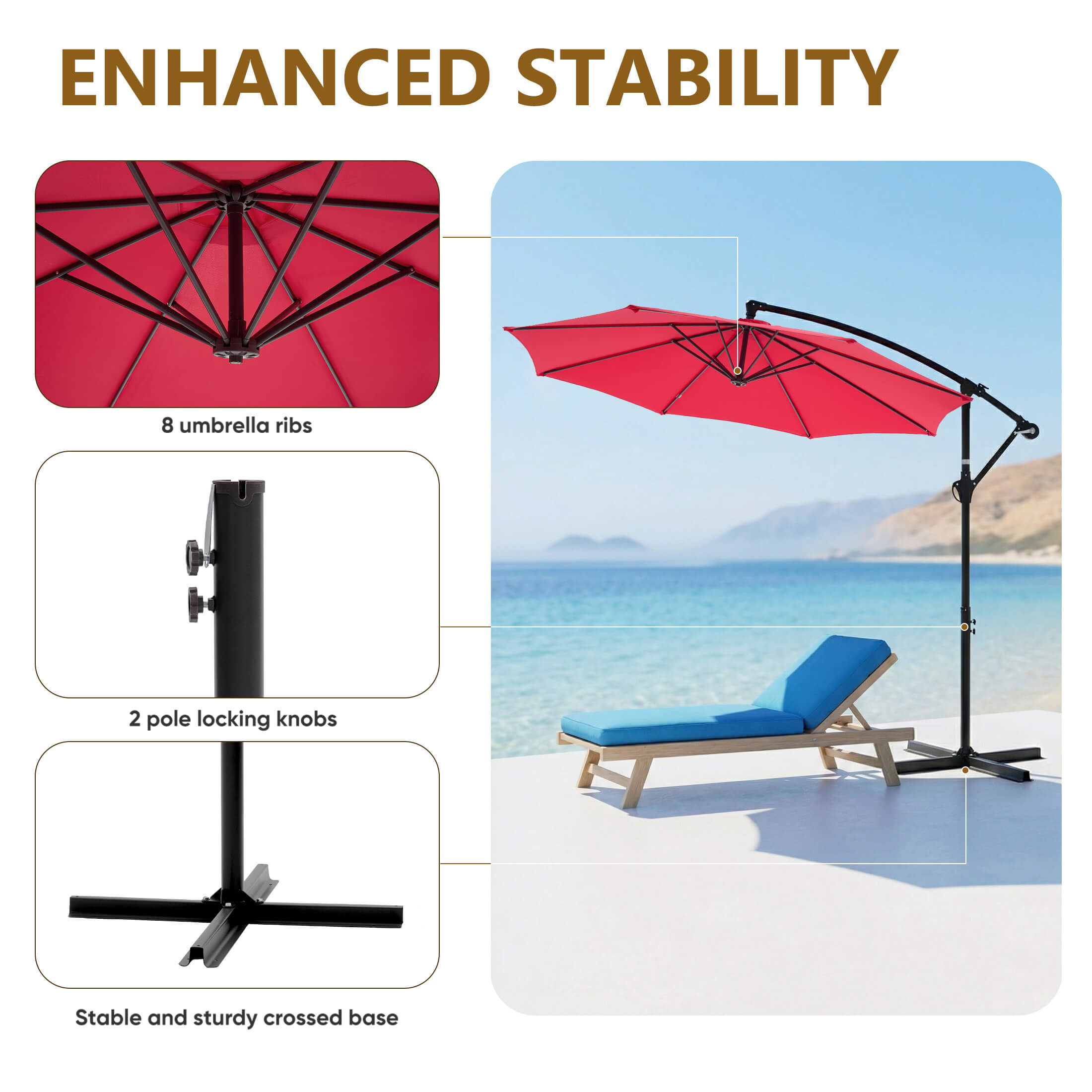 10ft Cantilever Patio Umbrella for Garden, Backyard, Poolside