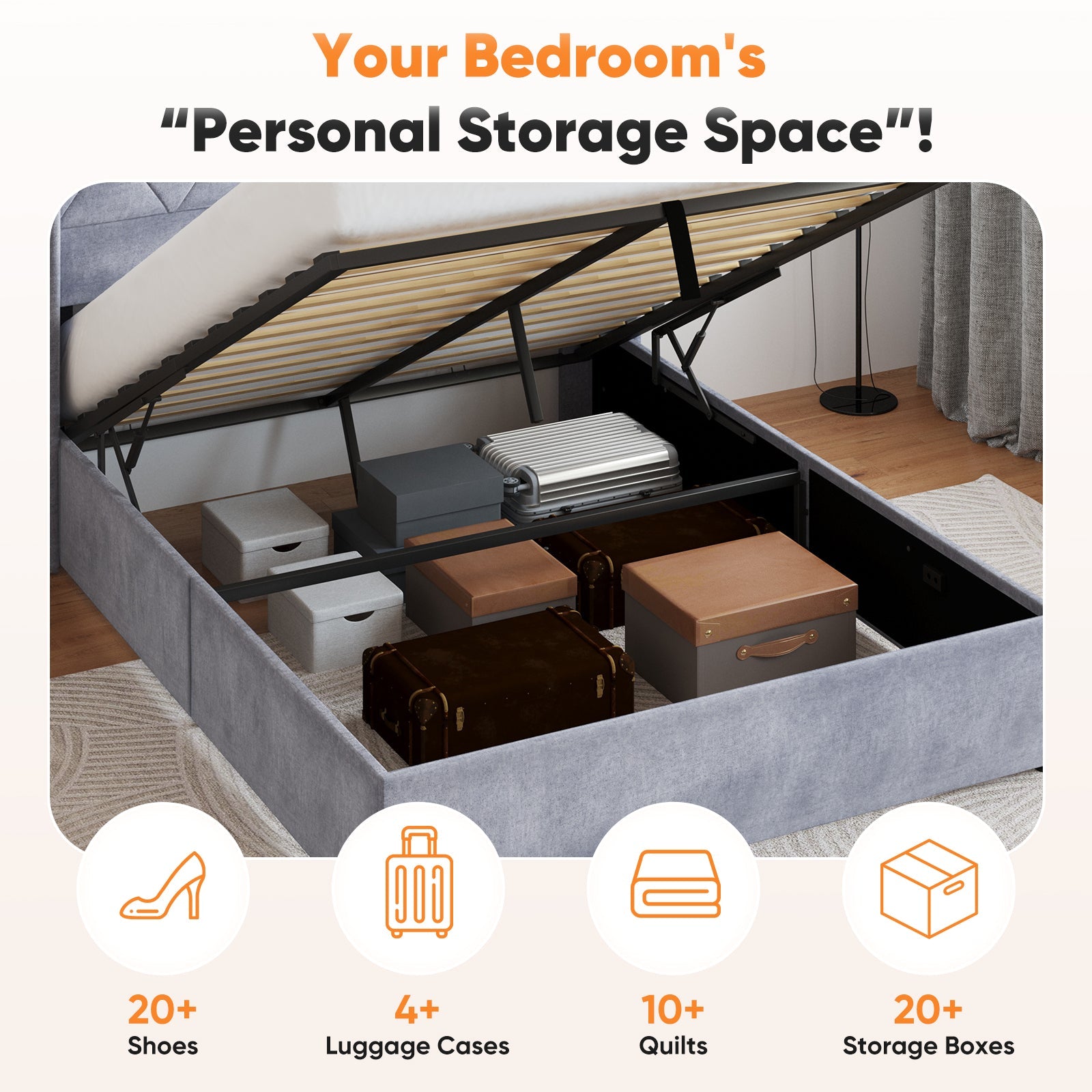 Velvet Gas-Lift Storage Bed Frame
