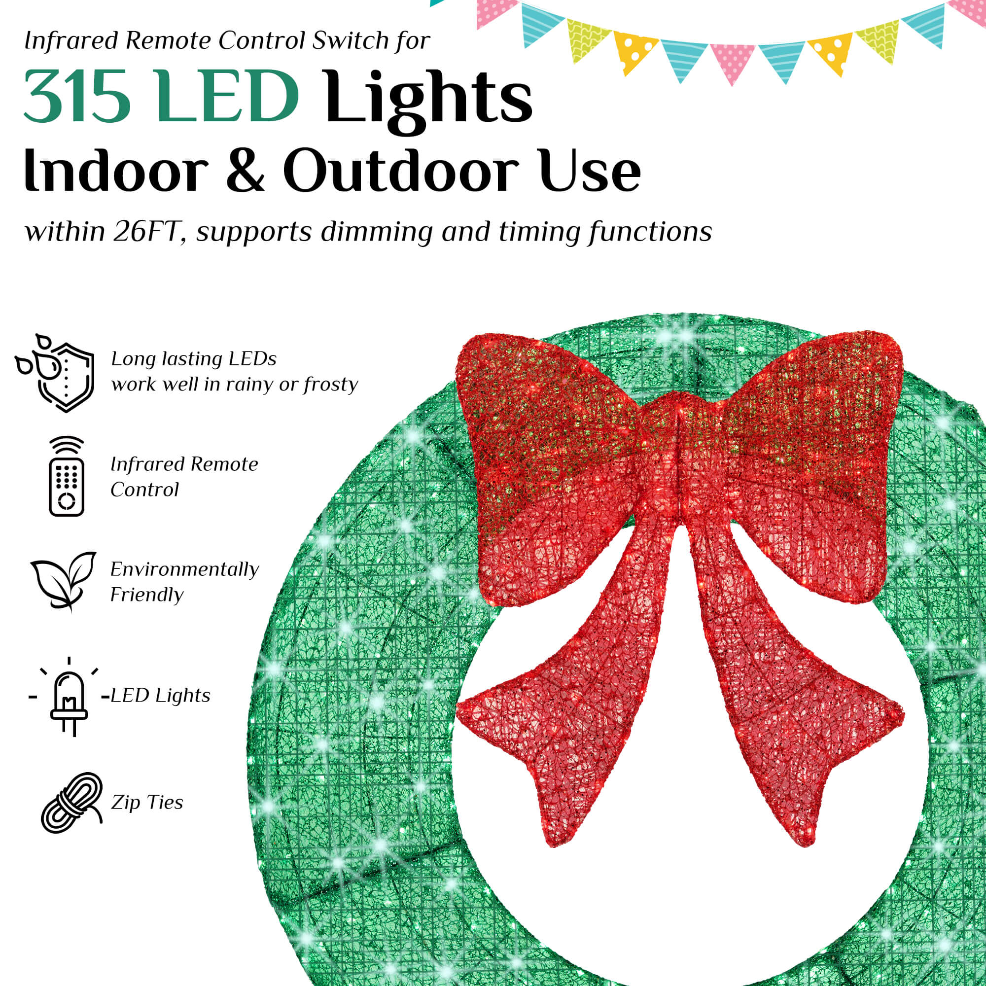 LED Illuminated Christmas Wreath with Remote