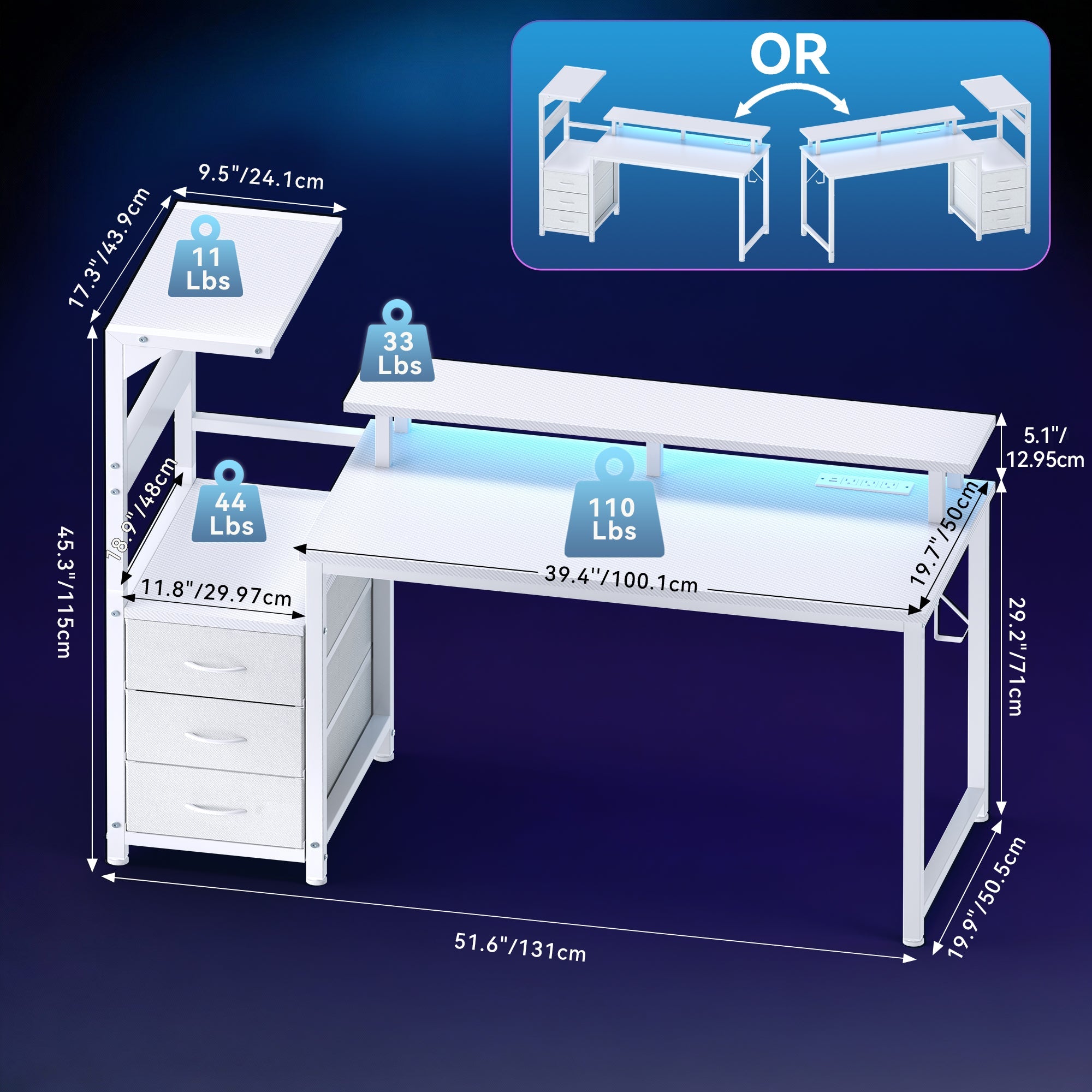 LED Computer Desk with Monitor Stand & Drawers