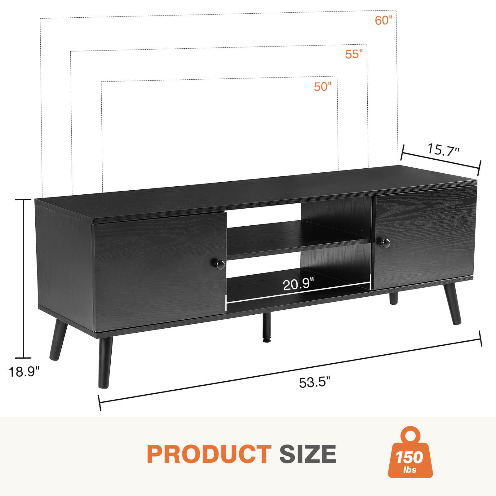 Walnut Wood 60" TV Stand Double Cabinet
