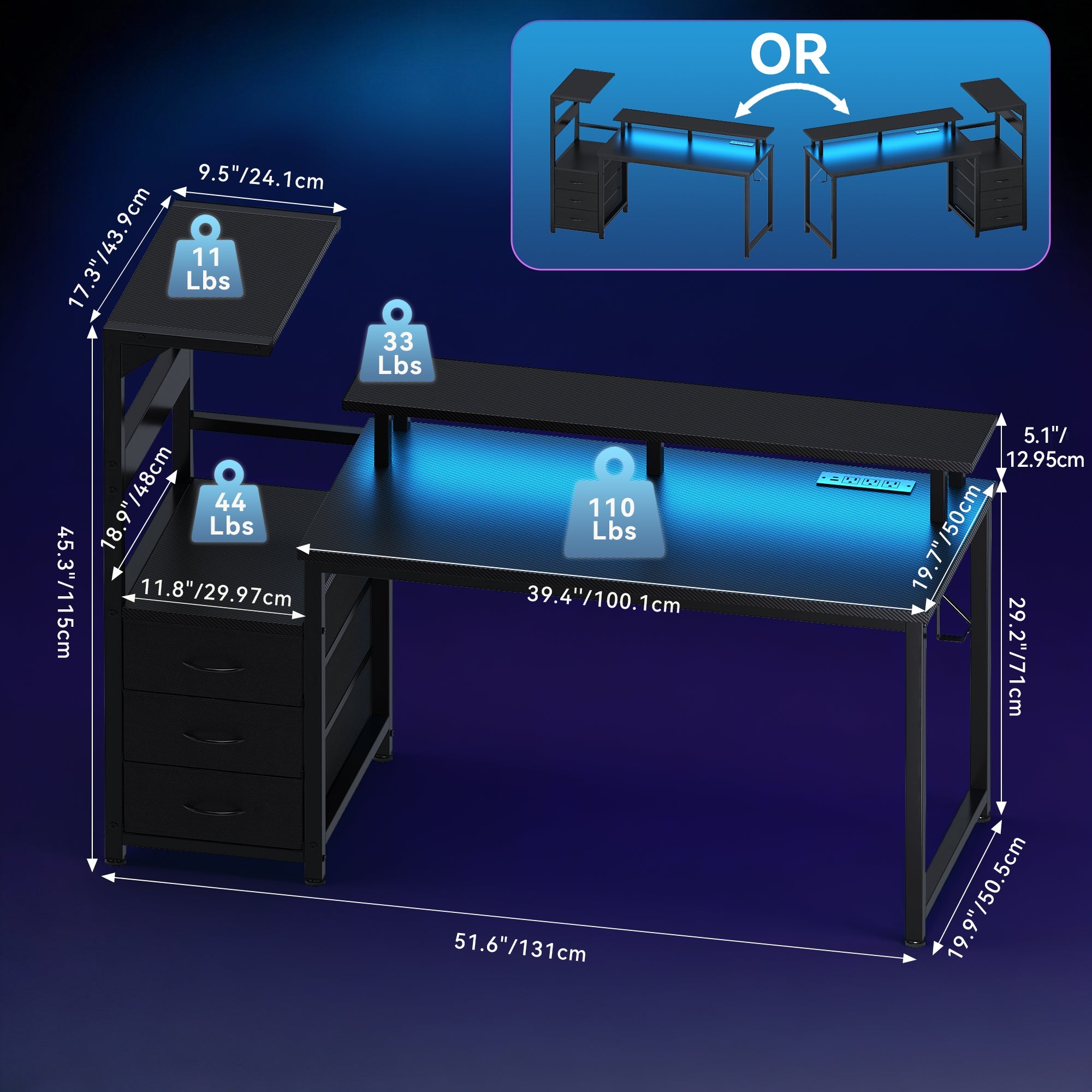 LED Computer Desk with Monitor Stand & Drawers