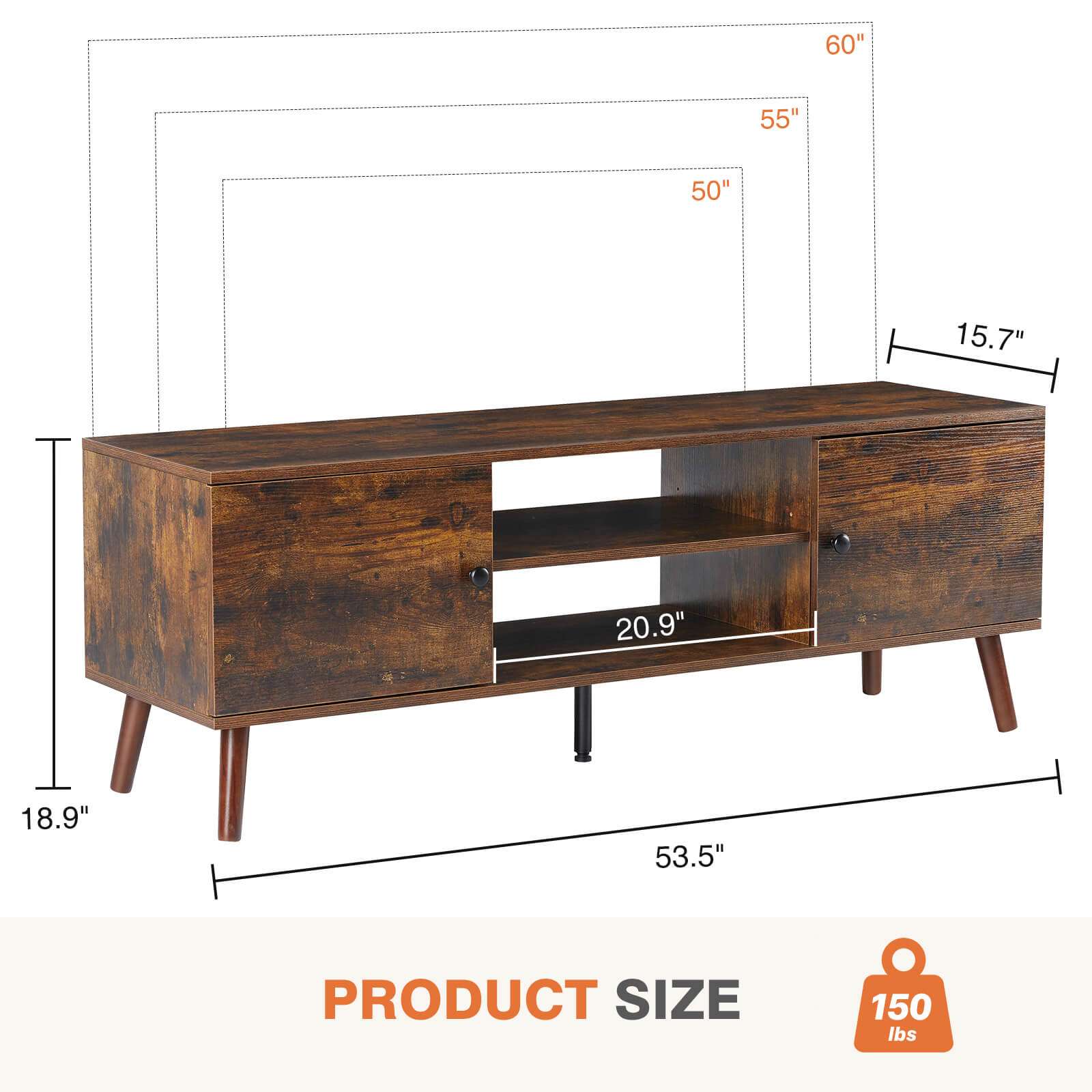 Walnut Wood 60" TV Stand Double Cabinet