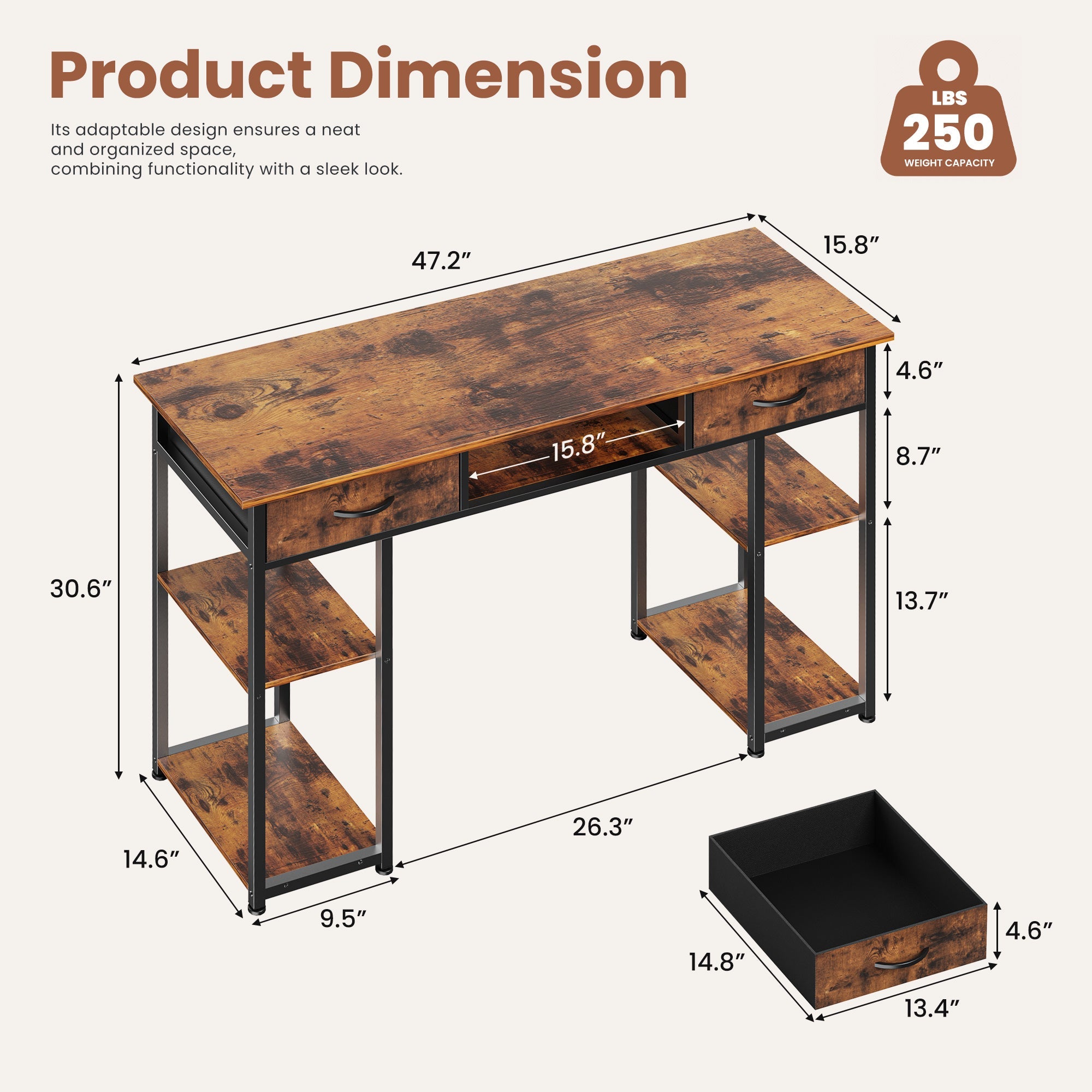 48-Inch Home Office Desk 3 Drawers