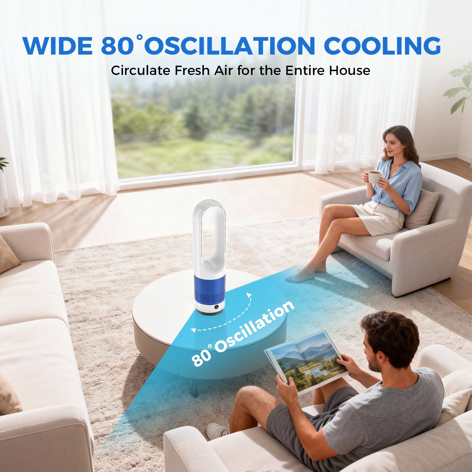 Bladeless Tower Fan 8-Speed 80° Oscillating