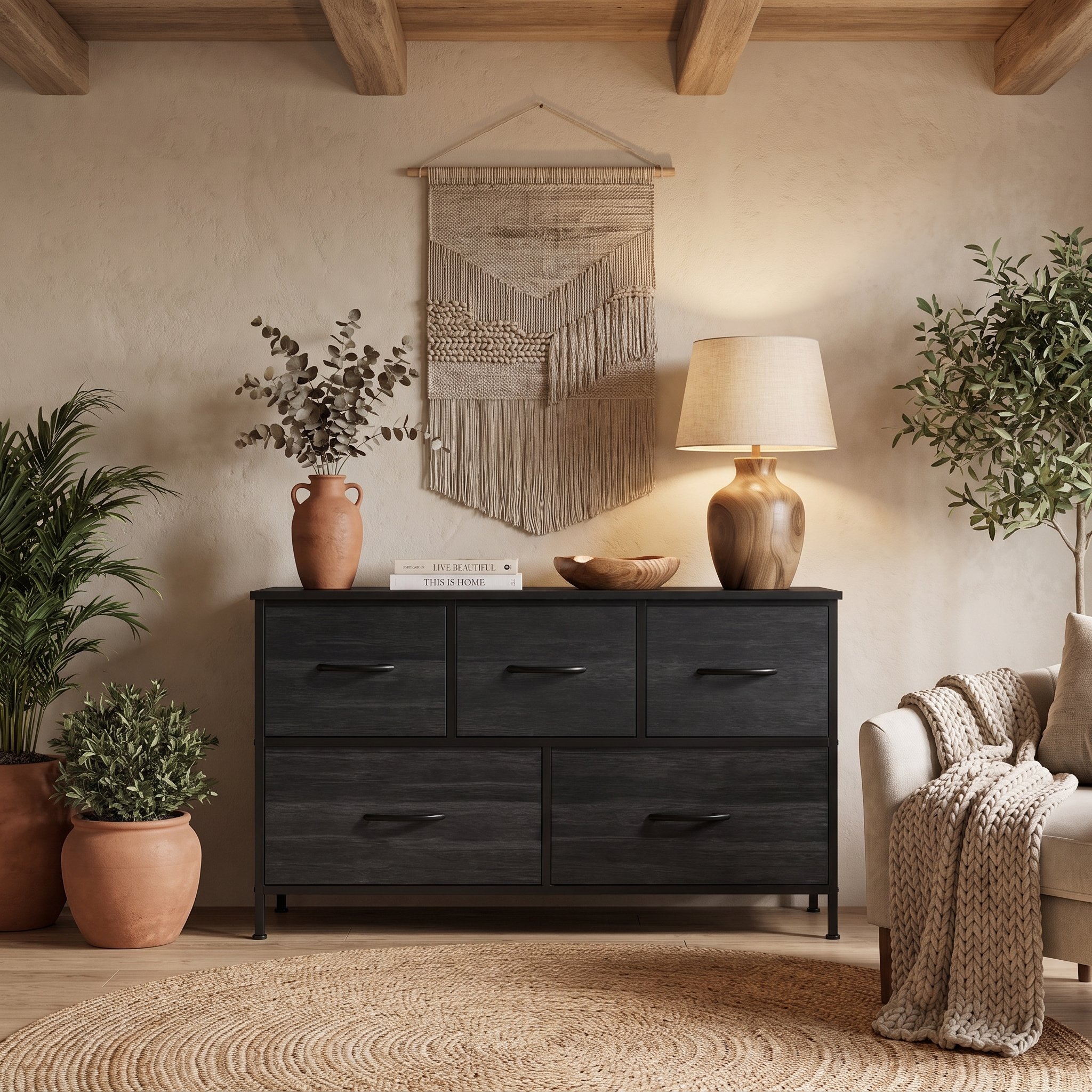5 Drawer Fabric Dresser with Wood Top for Bedroom