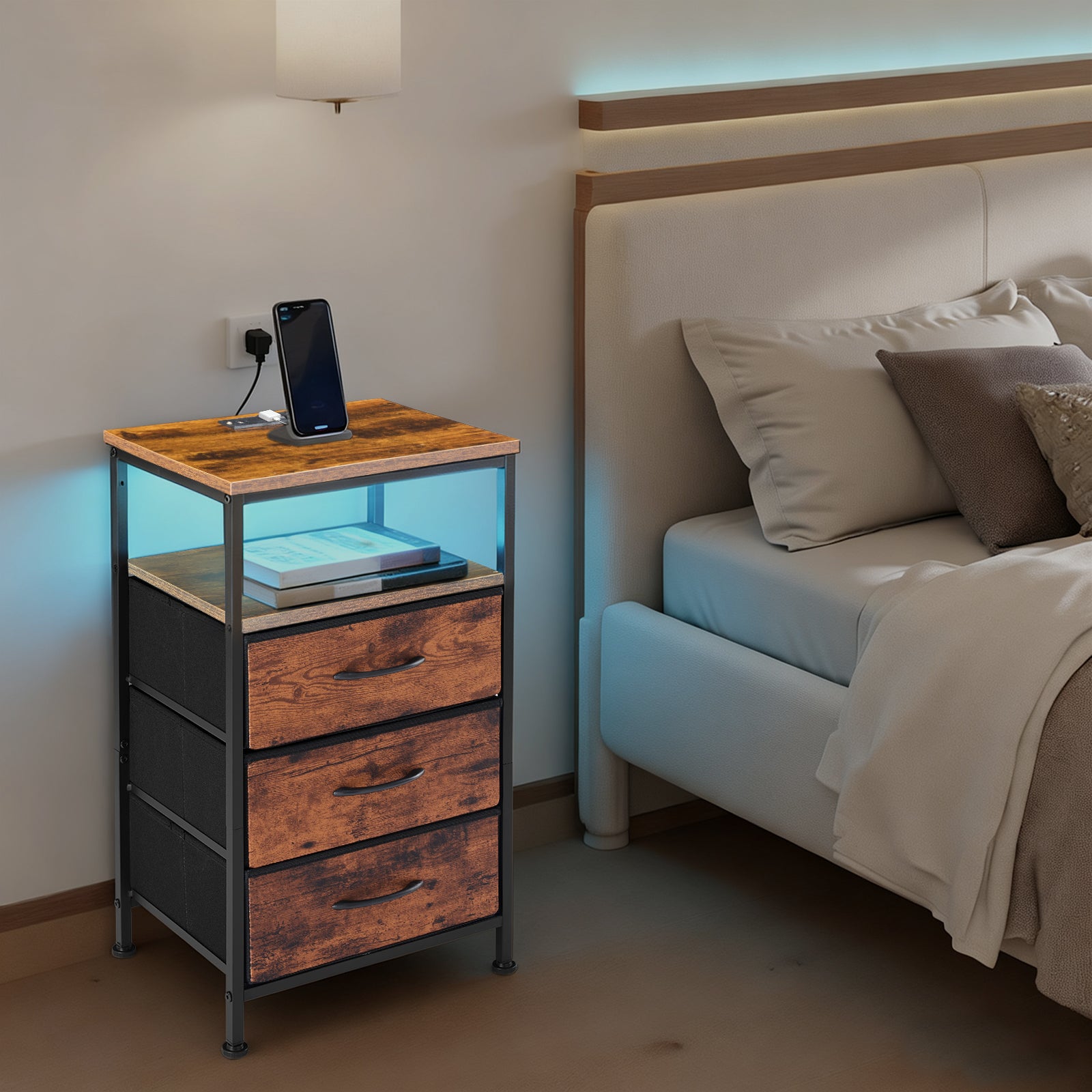 Nightstand with Charging Station – Bedside Table with 3/4/5 Fabric Drawers, LED Strip & USB/Type-C Ports